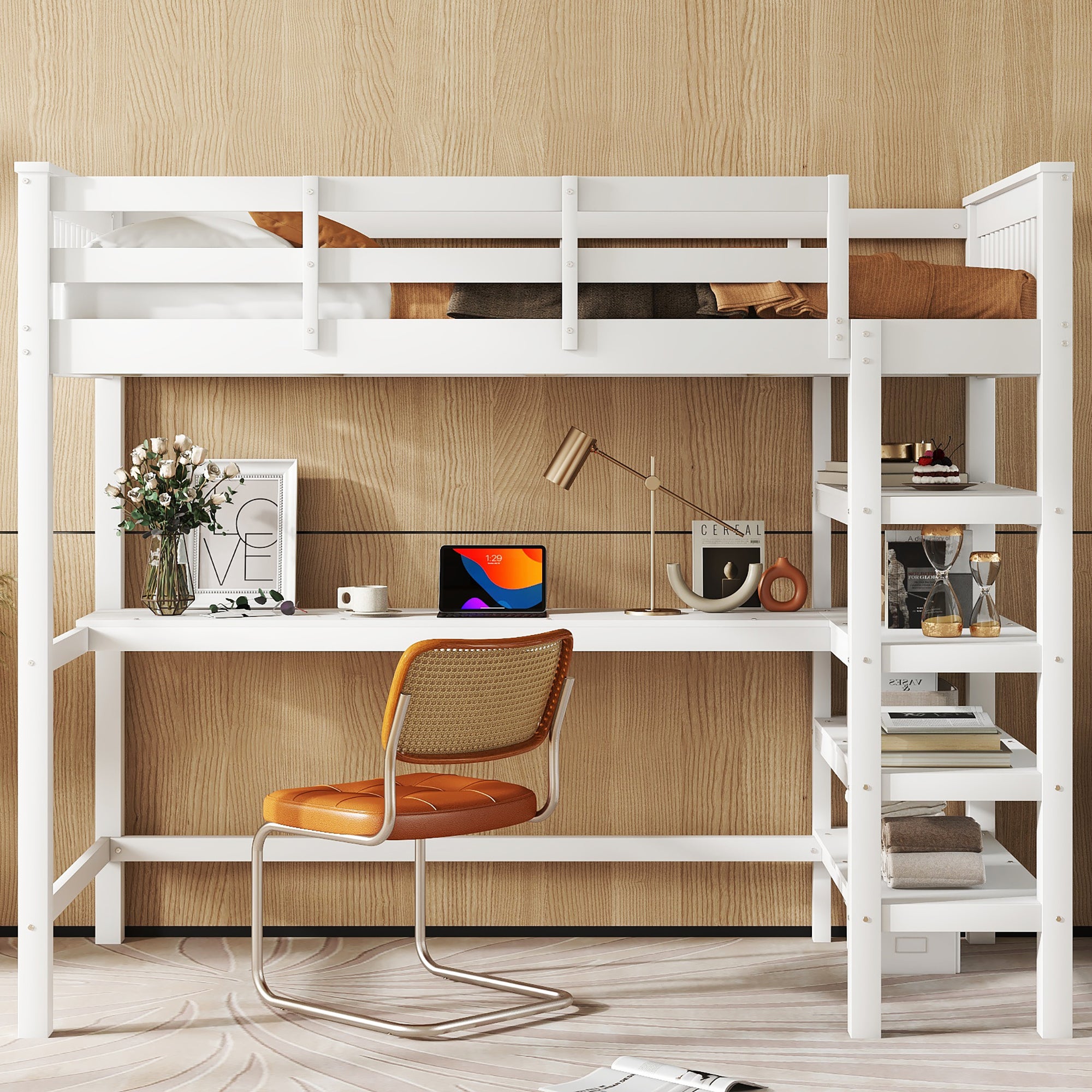 Cama alta 90 x 200 cm com secretária e prateleiras de arrumação - Madeira de pinho + MDF - Branco - 2
