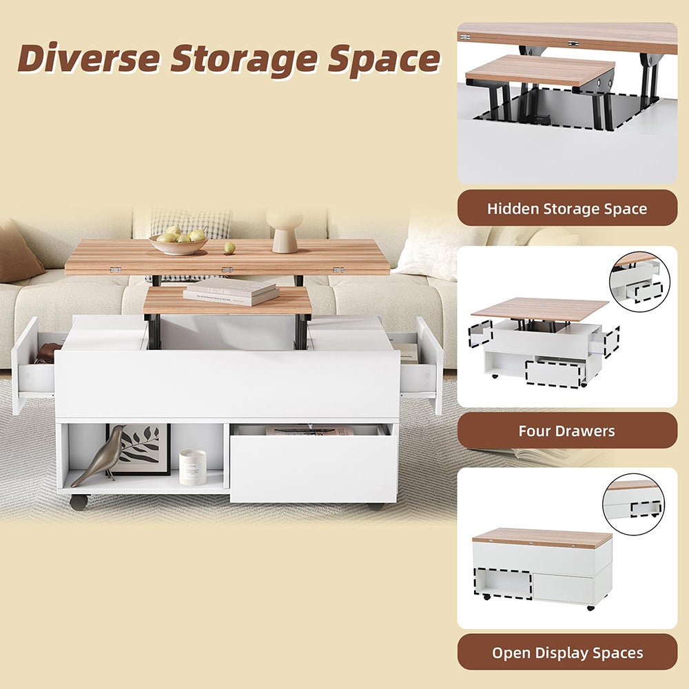Table basse avec 4 roulettes 4 tiroirs relevable réglable en hauteur avec espace de rangement blanc - 9