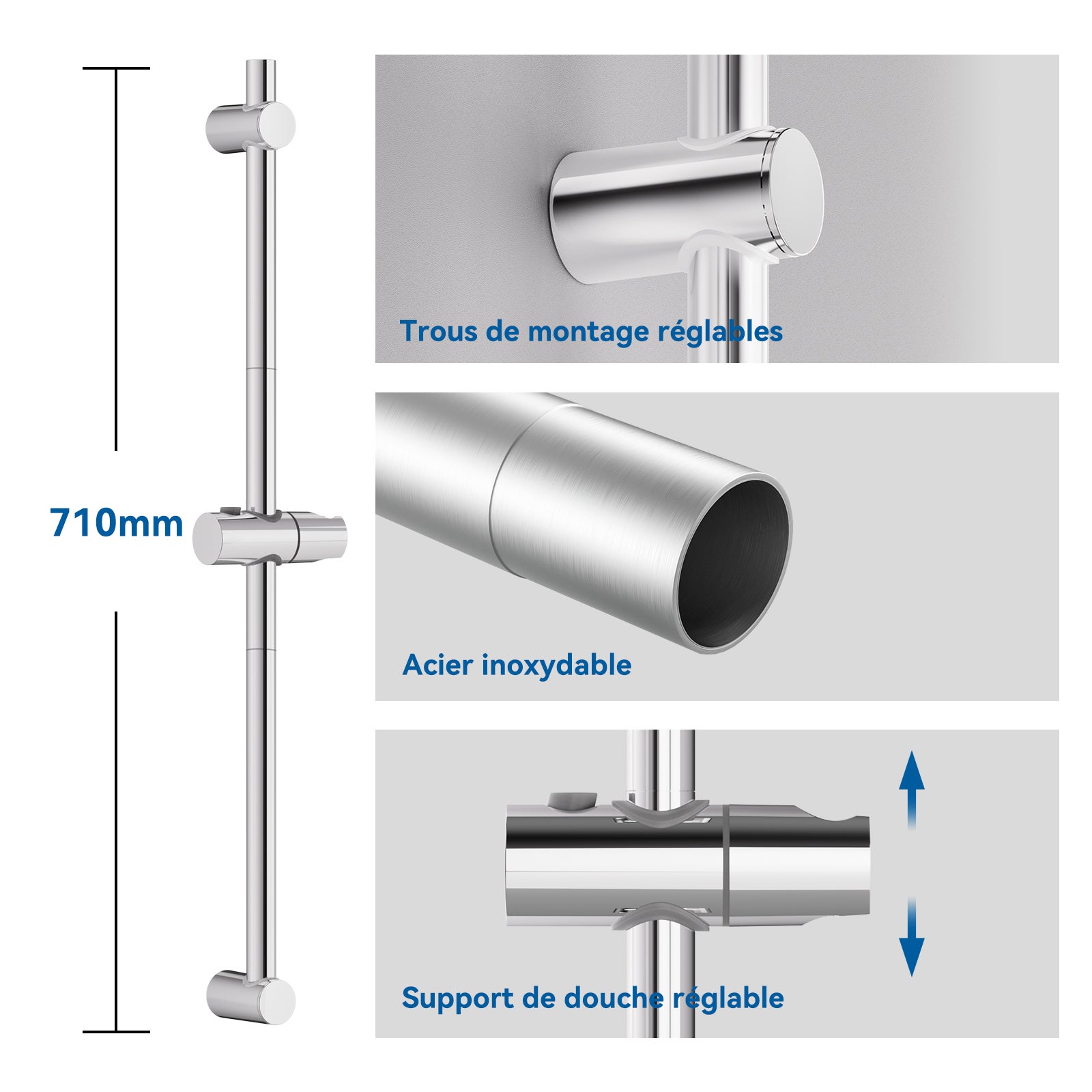 Auralum max Barre Douche Chromé de 90cm en Inox-Support Douchette Réglable Hauteur/Pivotant à 360°,Rail Douche Mural Robuste avec Curseur Coulissant - 5
