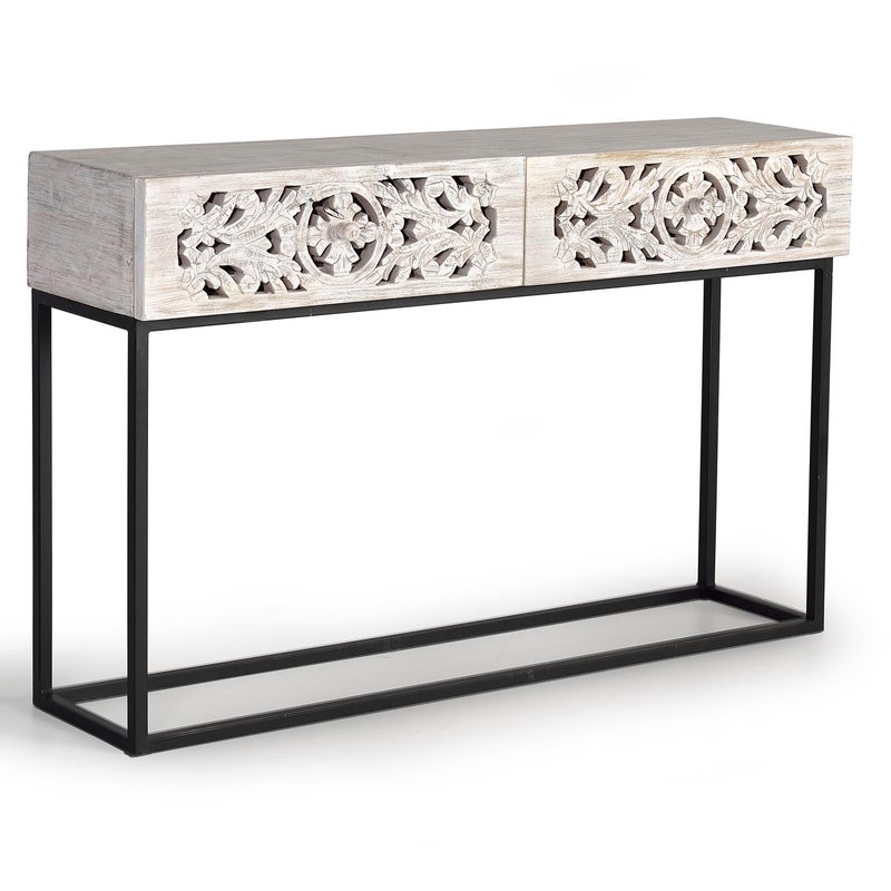 Konsola na manguierze i nogach ze starego czarno-białego metalu