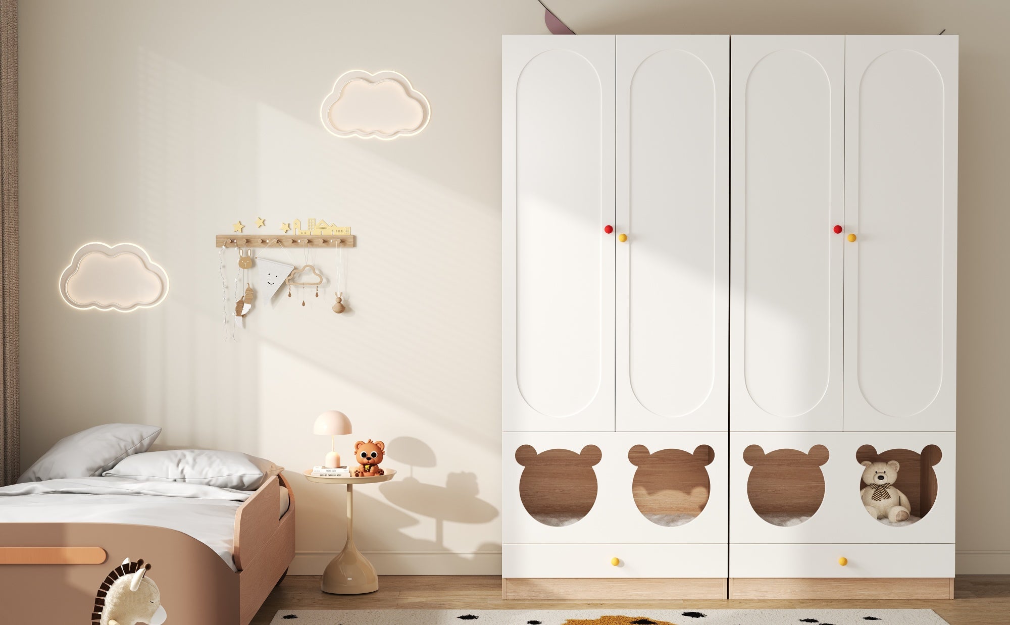 Armoire combinée avec 4 portes, barre à repasser et lit pour chat - 160x50x200 cm - panneaux aggloméré + poignées en céramique - Blanc + naturel - 7