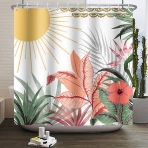 Rideau De Douche Boho Fleurs Bleues - Tissu Polyester Imperméable Anti-Moisissure 180x180 Cm - Avec 12 Crochets