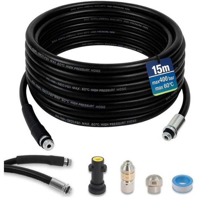 Furet déboucheur canalisation 15m 400 Bar compatible Karcher K2-K7 – Tuyau flexible haute pression avec accessoires pour nettoyage de tuyauterie