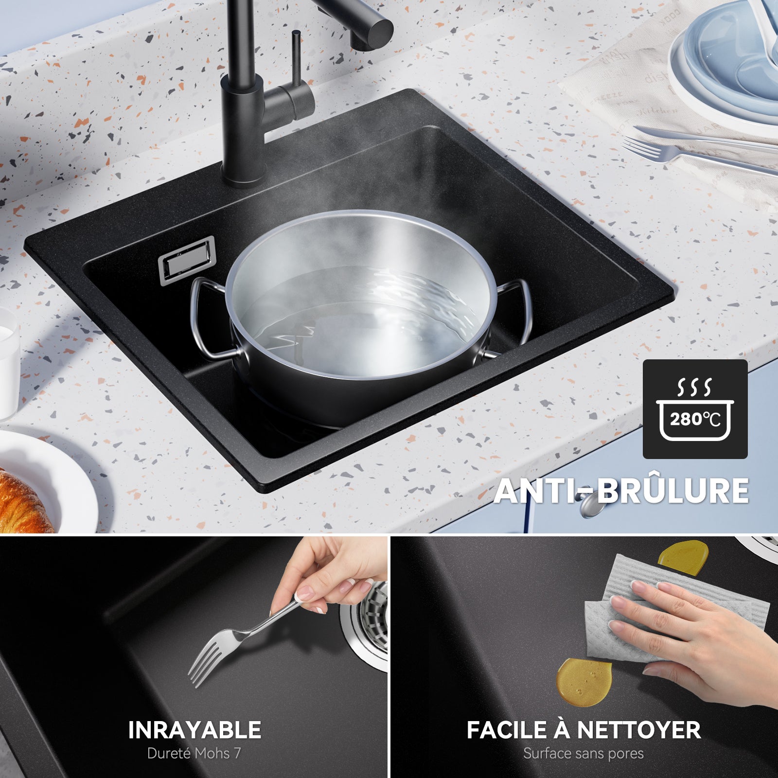 CECIPA MAX Évier de Cuisine 50*45cm en Granit Noir, Évier à Encastrer Kit de Vidage, Évier 1 Bac en Quartz et Résine - 5