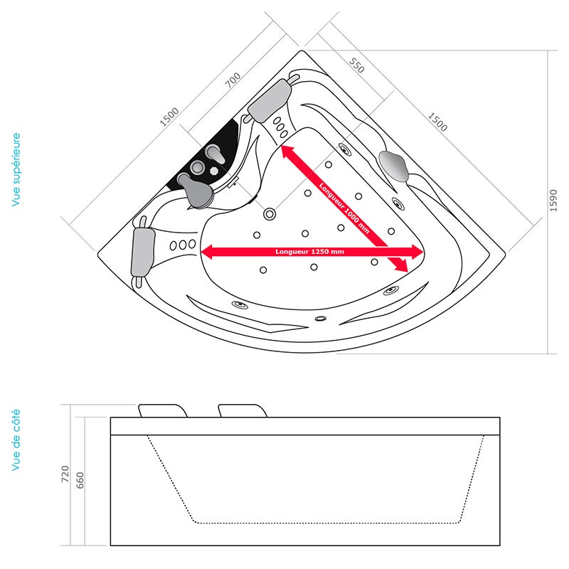 Baignoire balnéo d'angle 150x150 cm VENISE GAUCHE IMASSAGE - 9