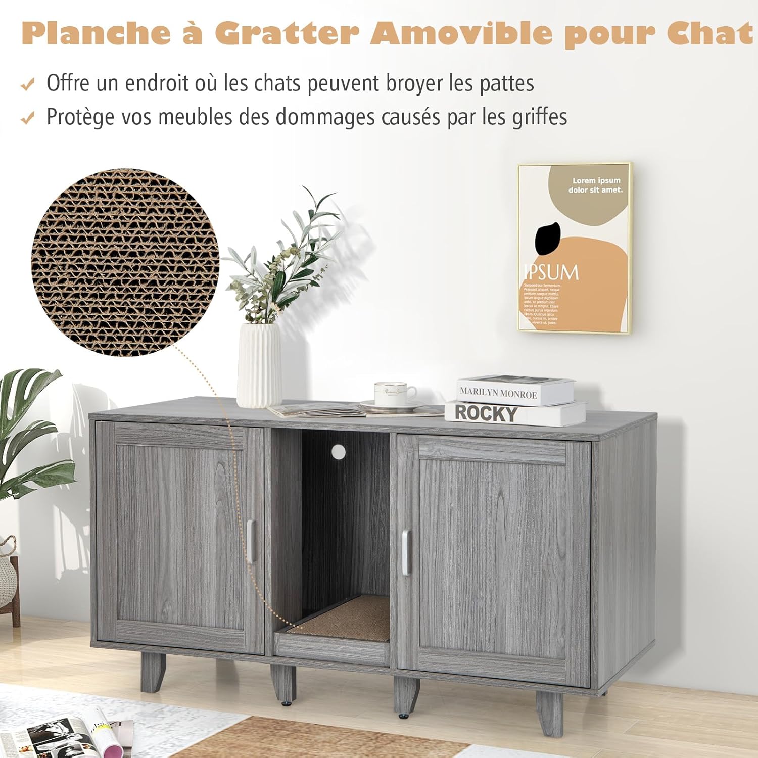 Caixa de Areia para Gatos 3 em 1, Móvel para Gatos com 2 Portas, Pernas Removíveis e Arranhador Removível Placa, Casa Interior para 2 Gatos - 4