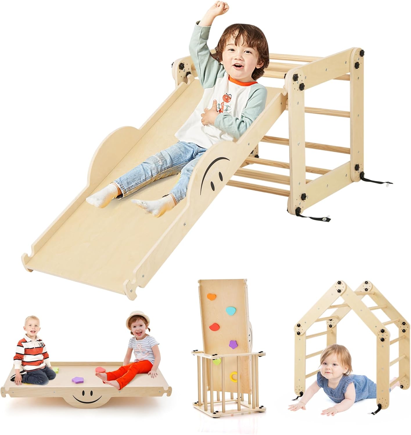 Drewniane Zabawki Wspinaczkowe Montessori, Składany Tor Motoryczny do Użytku w Domu z Odwracalną Rampą, dla Dzieci Powyżej 3 lat (Naturalny)