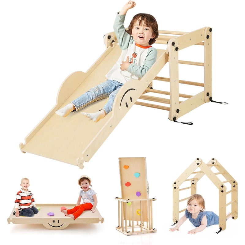 Drewniane Zabawki Wspinaczkowe Montessori, Składany Tor Motoryczny do Użytku w Domu z Odwracalną Rampą, dla Dzieci Powyżej 3 lat (Naturalny)