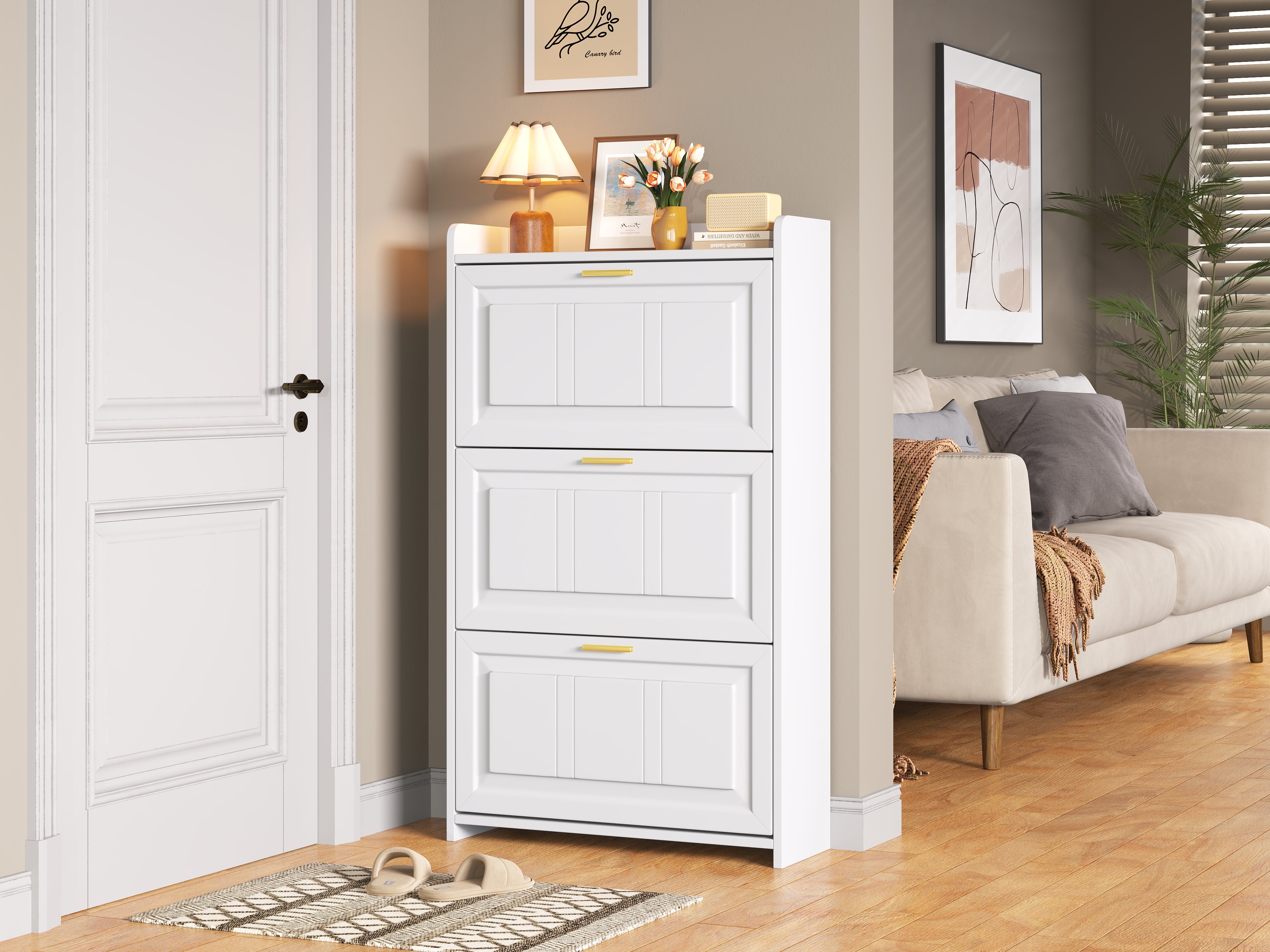 Meuble à chaussures avec 3 portes rabattables - 70 x 24 x 120 cm - MDF et panneaux de particules - Blanc - 9