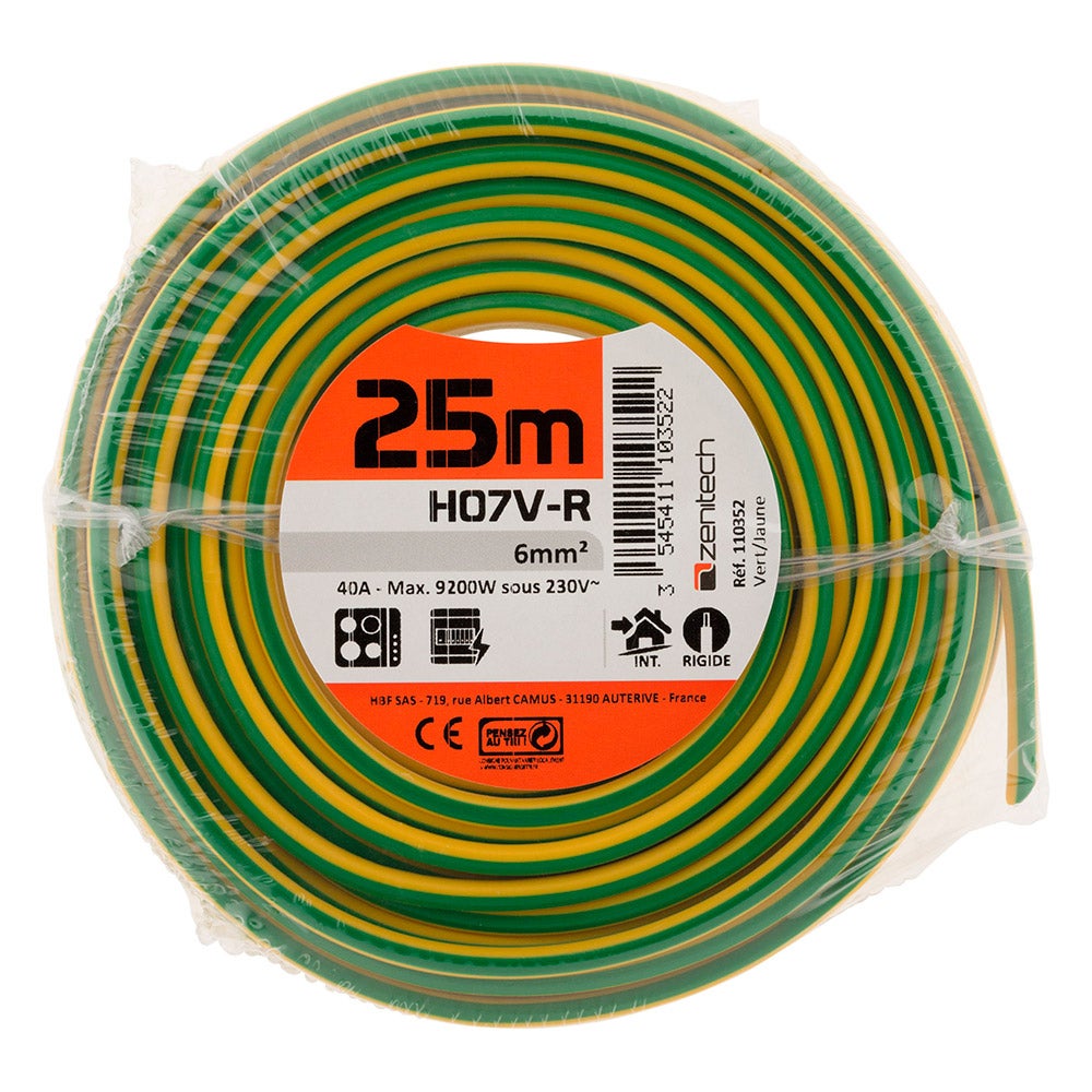 Fil électrique H07V-R 6mm² jaune/vert - 25m - Zenitech | Leroy Merlin