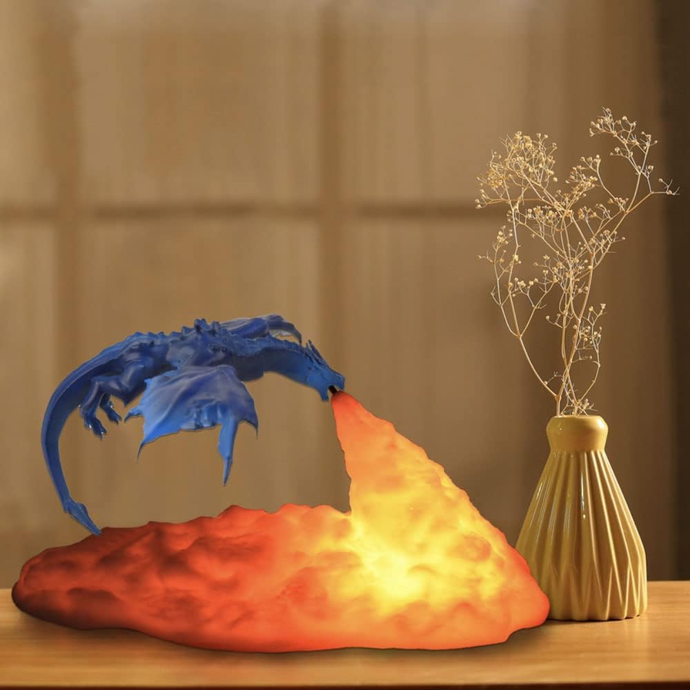 Lampka nocna 3D Ognisty Smok, lampa stołowa LED drukowana w 3D, ładowana przez USB (niebieska)