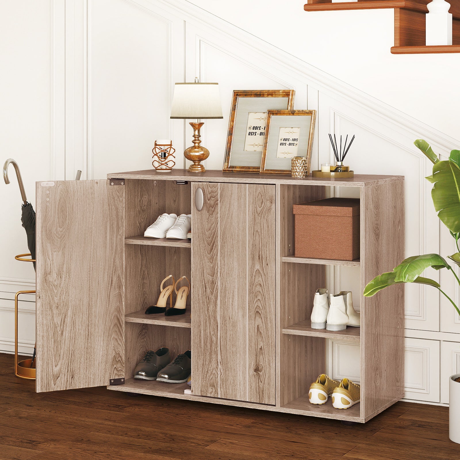 Meuble à Chaussures avec Portes, Range-Chaussures à 3 Niveaux avec Étagères Ouvertes Réglables, pour Entrée, Salon, Placard, 80 x 31 x 64,5 cm, Nature - 9