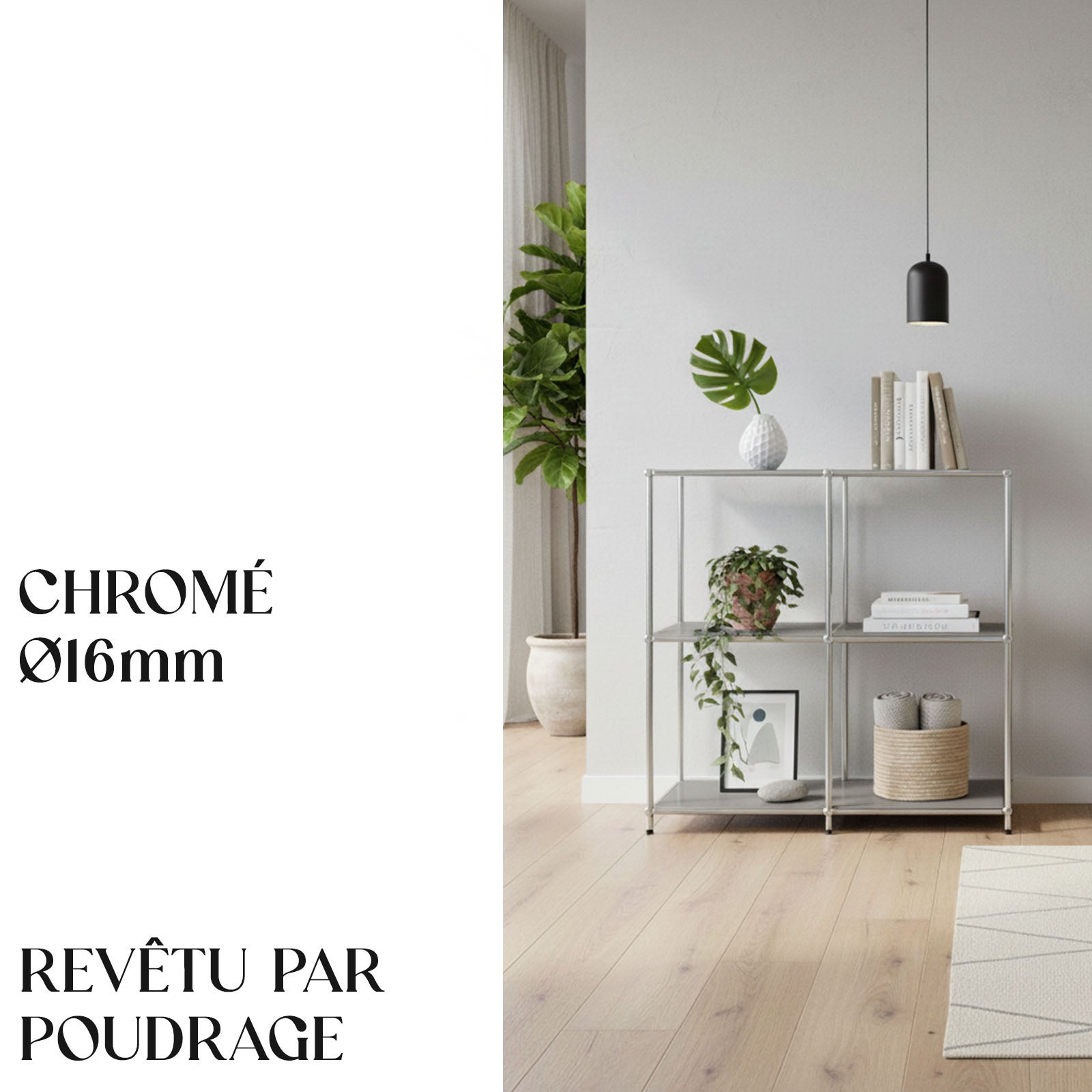 Étagère métal chromé design épuré, Concept Epuré MK-027 : 3 étages, 78 x 40 x 82 cm, Gris - 4