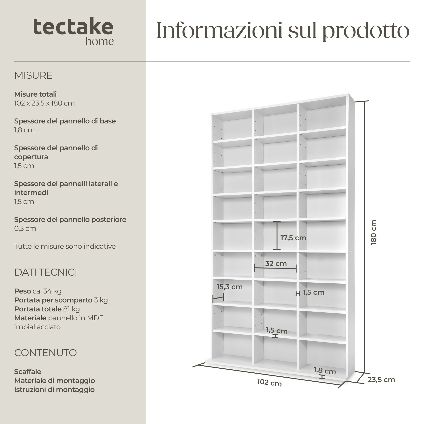Scaffale in legno MDF per DVD CD 180 x 102 x 23,5 cm TECTAKE - 6