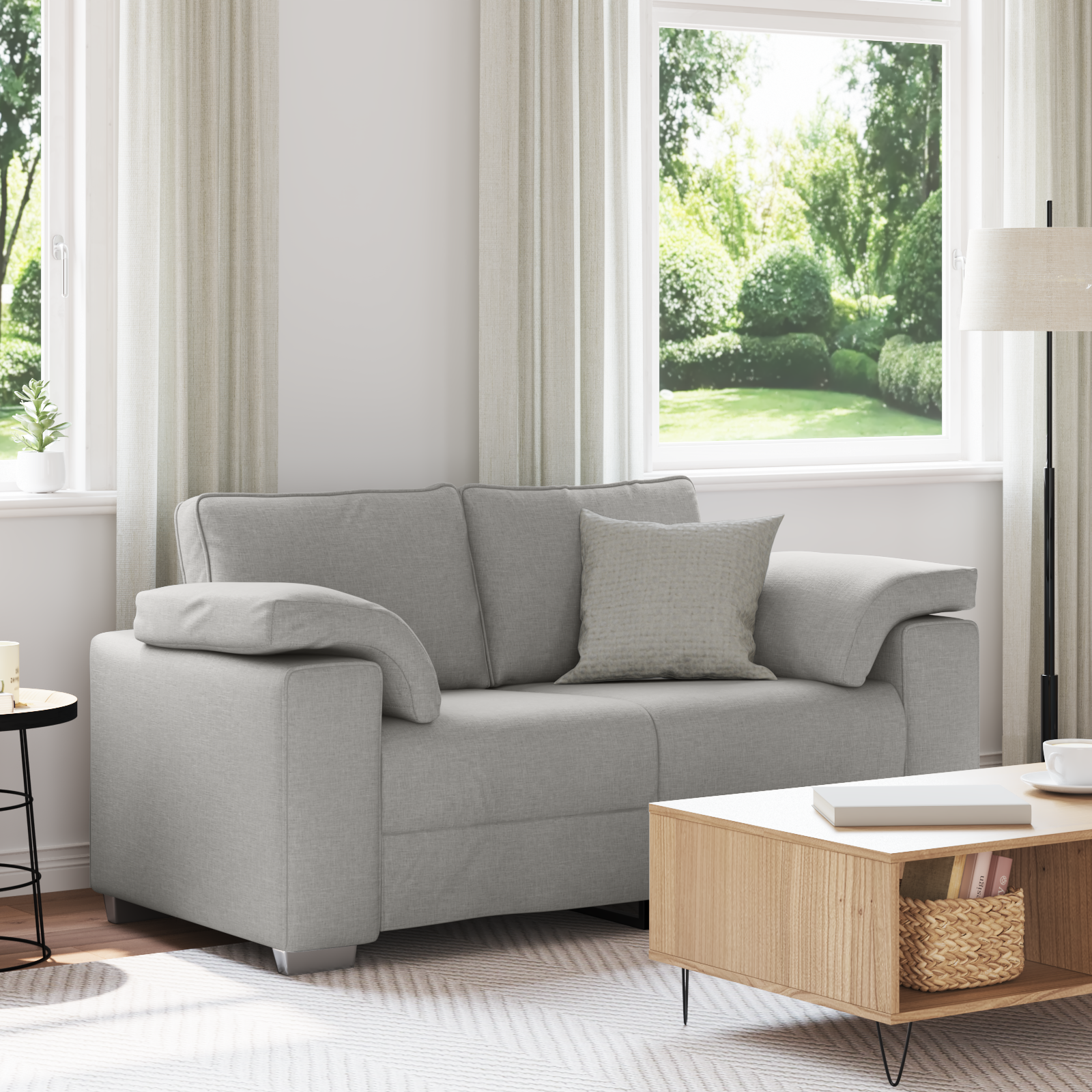 Canapé 2 Places Gris Nuage 140 Cm - Tissu Polyester Doux, Accoudoirs Larges, Confort Assise