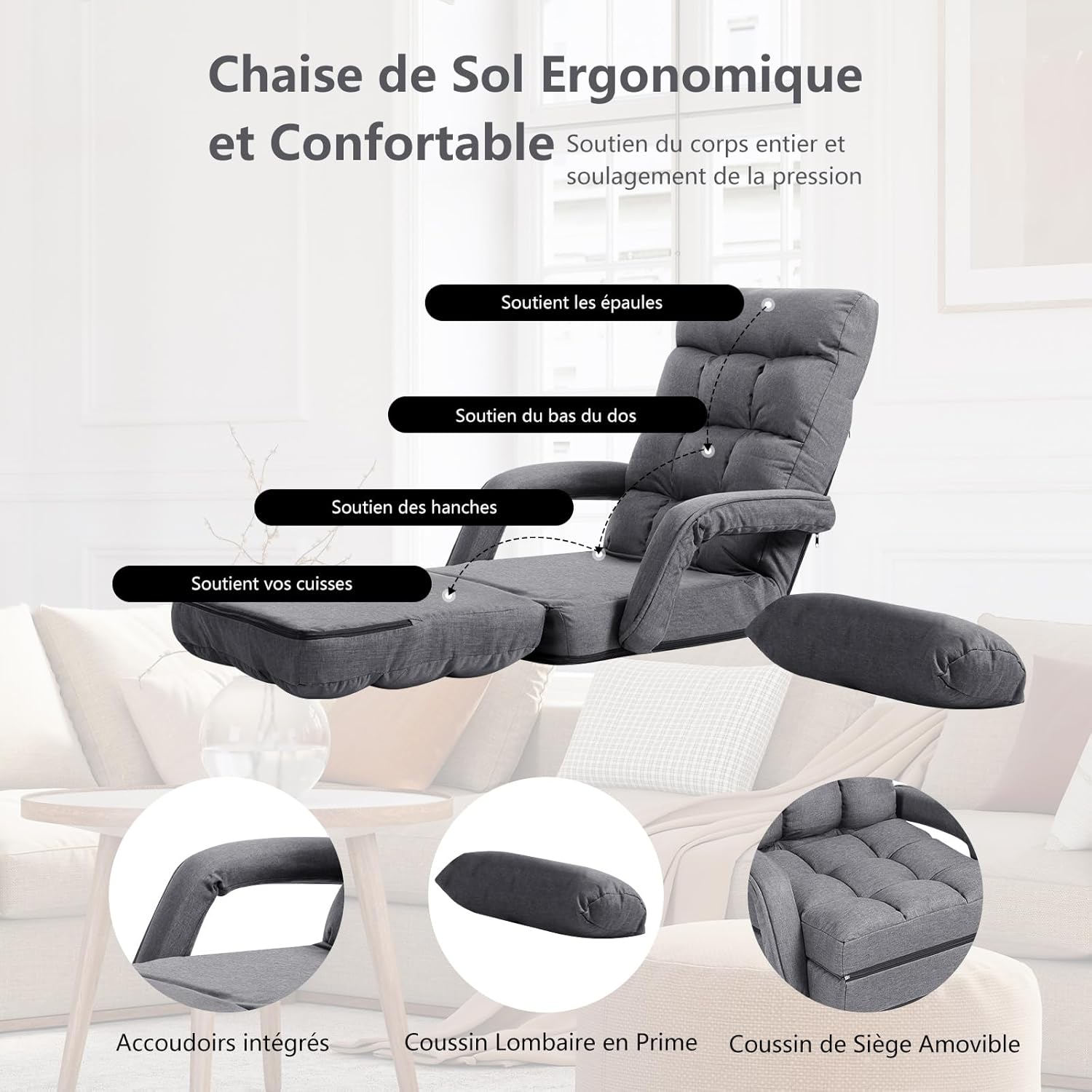 Fauteuil de Salon, Fauteuil Convertible avec Oreiller, Canapé-Lit Convertible Dossier Réglable, Rembourré d’Éponge Doux et Elastique, Gris - 6