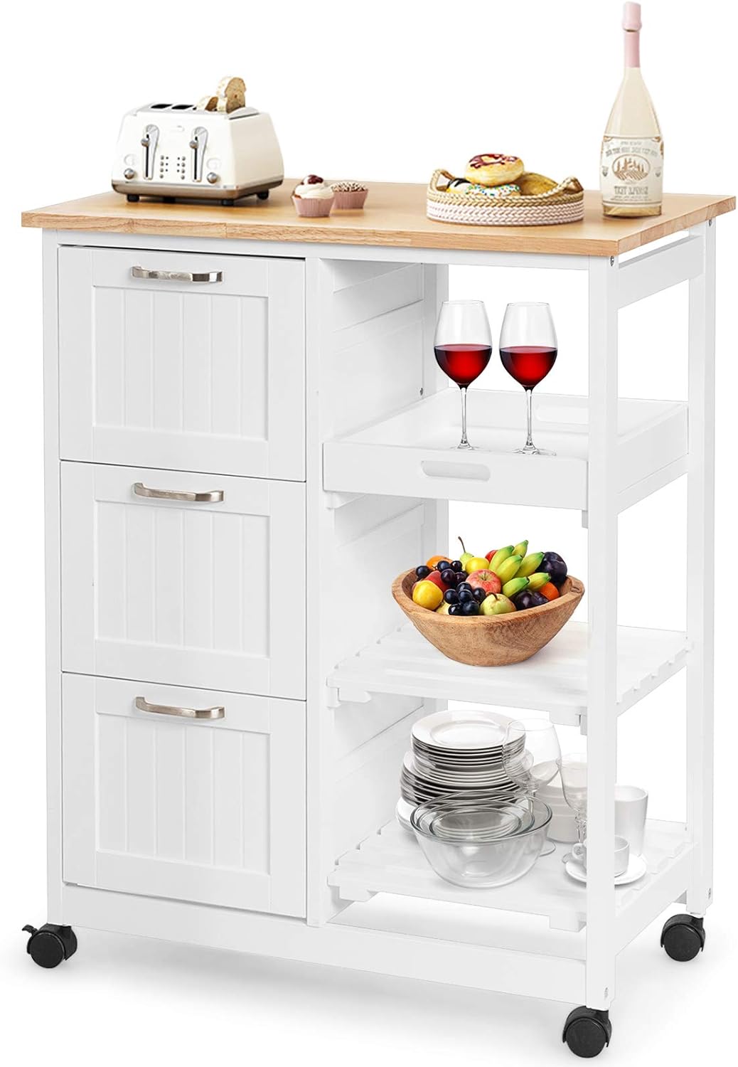 Wózek Kuchenny na Kółkach z 3 Szufladami i 3 Poziomami, Drewniany Wózek Kuchenny z 1 Wyjmowaną Półką i Hamulcem, Biały i Naturalny