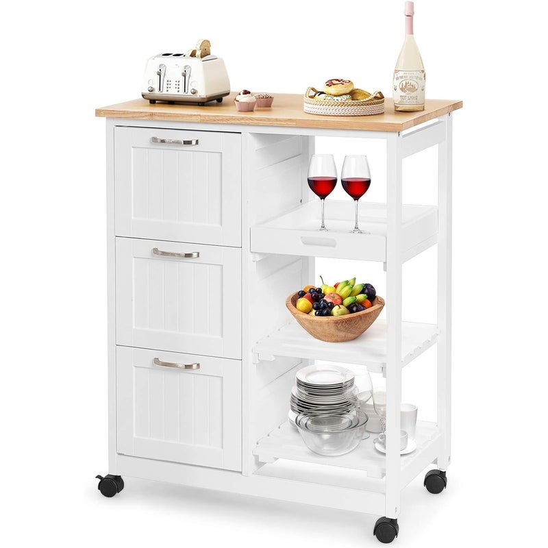 Wózek Kuchenny na Kółkach z 3 Szufladami i 3 Poziomami, Drewniany Wózek Kuchenny z 1 Wyjmowaną Półką i Hamulcem, Biały i Naturalny