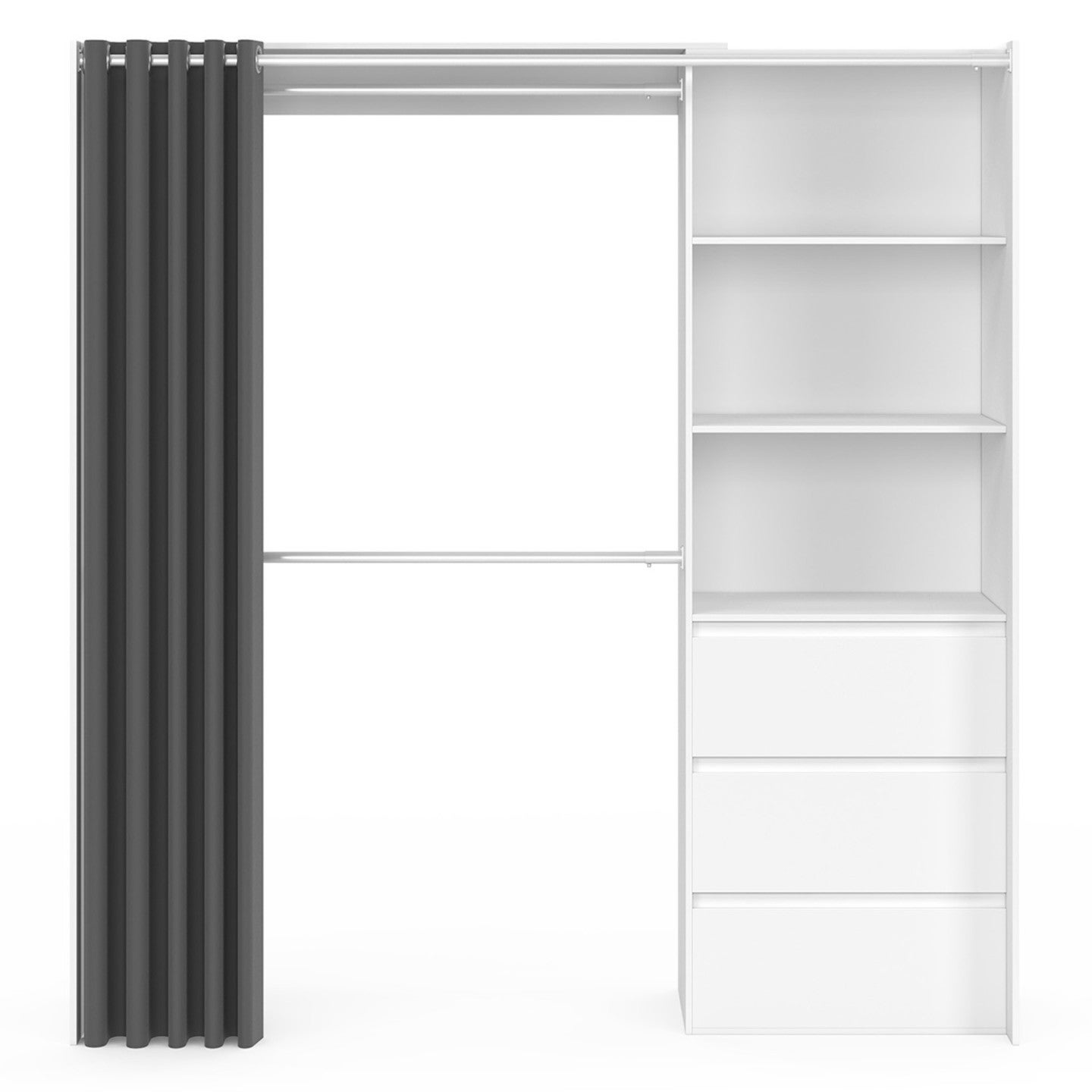 Dressing extensible MARTY 120/170 x 50 x 180 cm blanc avec 3 tiroirs + étagères + double penderie + rideau gris - 3