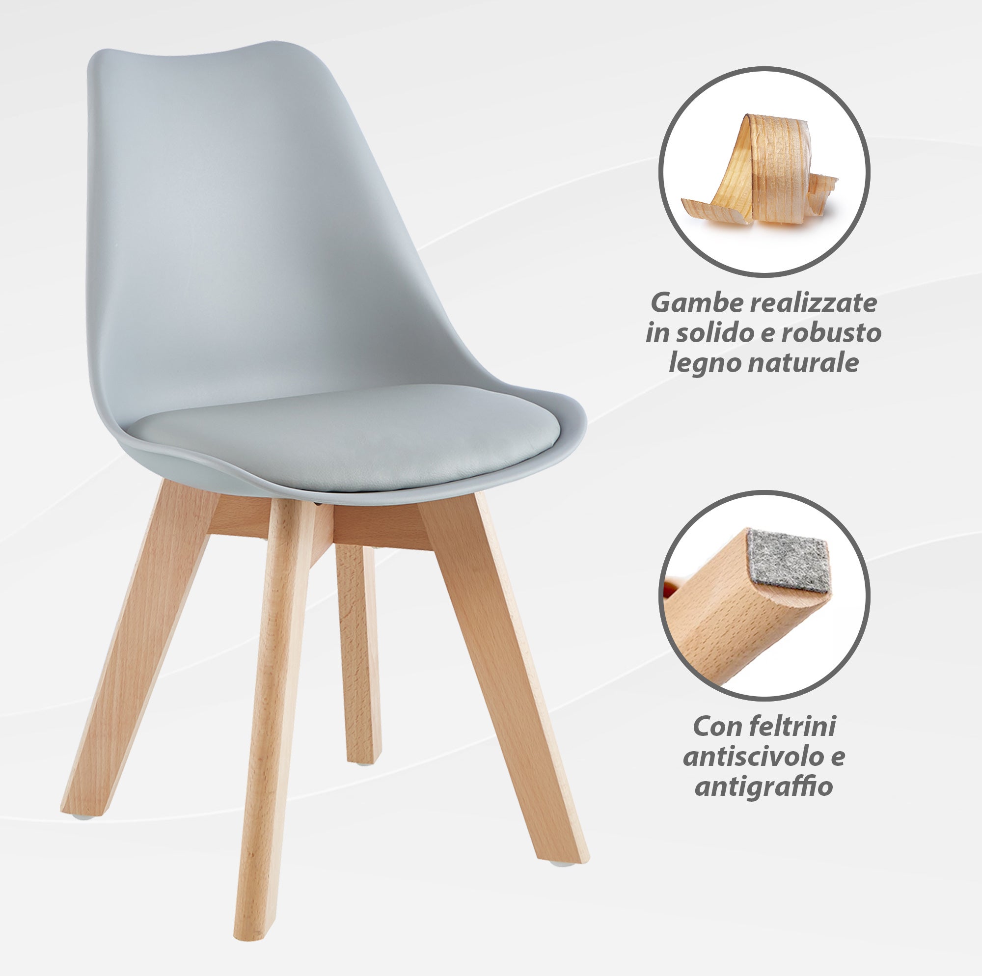 Set 4 Sedie Sala Da Pranzo Ufficio Con Gambe In Legno Di Faggio Schienale Ergonomico- Grigio - 5