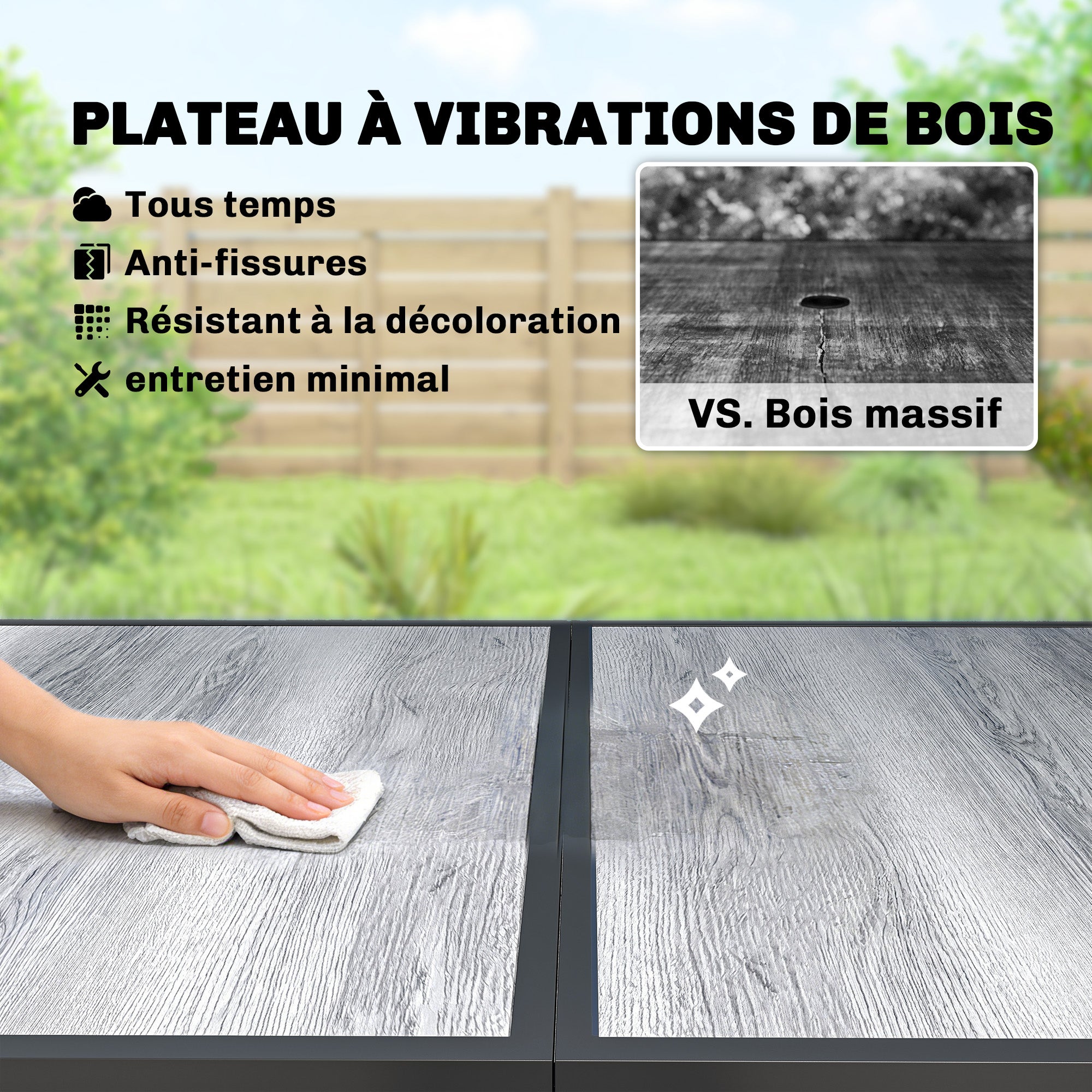 Table de jardin pour 4 à 6 personnes, table de repas d'extérieur avec plateau effet bois, 150 x 80 x 74 cm, grise - 8