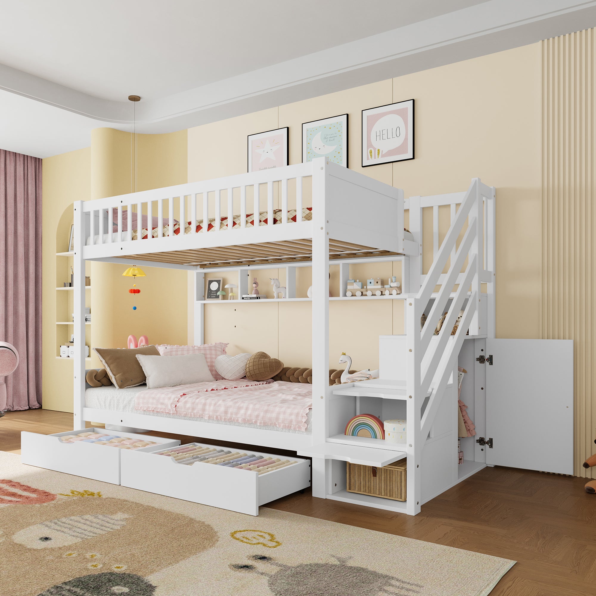 Łóżko piętrowe 2 x 90 x 200 cm z 5 szufladami i szafą - Drewno sosnowe i MDF - Białe (bez materaca)