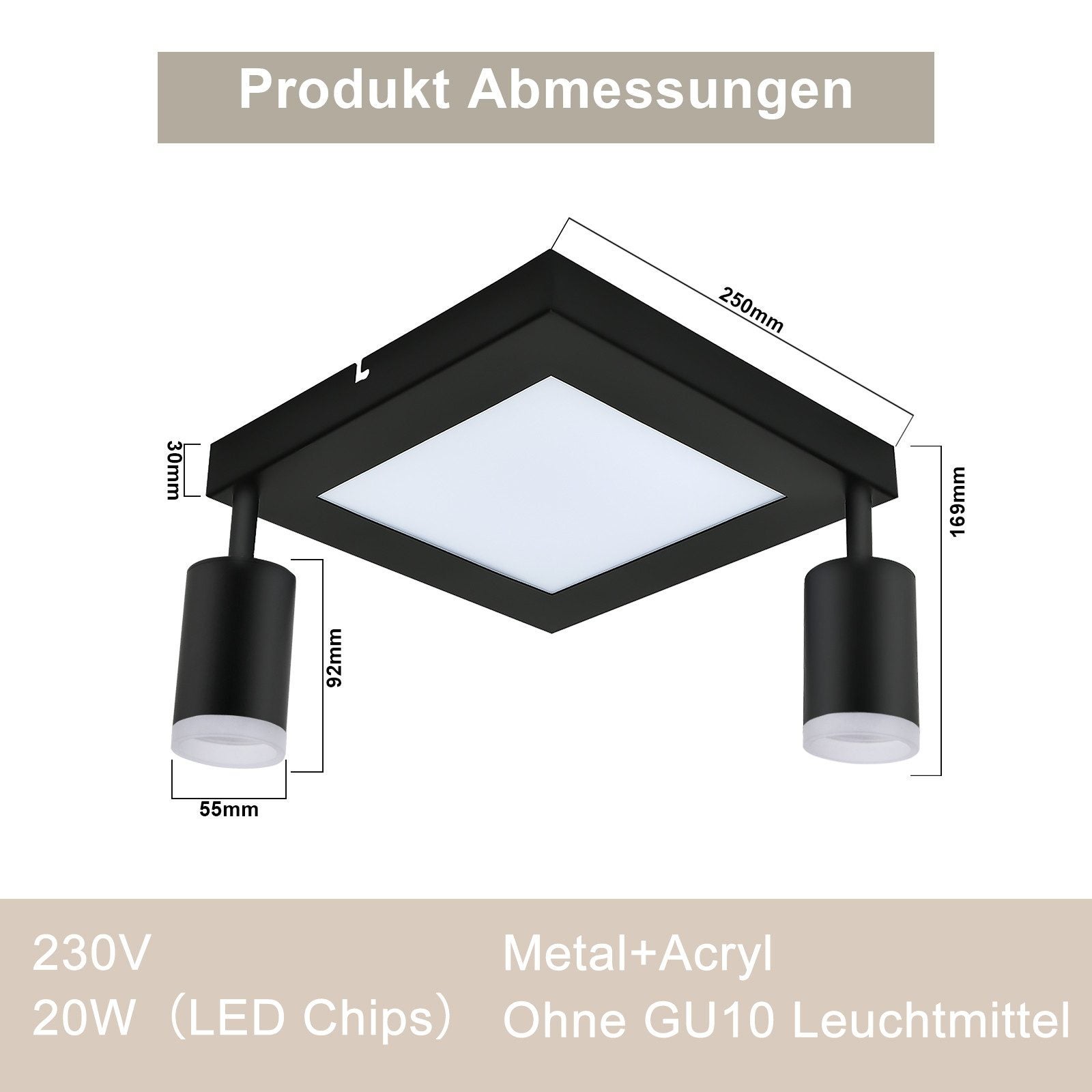 NETTLIFE Spot de plafond carré GU10 3000k blanc chaud 20W lampe de chambre orientable 350° blanc chaud - 6