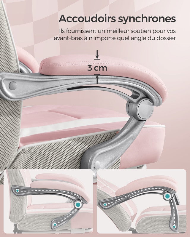 Fauteuil de Bureau, Réglable, Repose-pieds Télescopique, Mécanisme à Bascule, Appui-tête, Rose Bonbon et Blanc Crème - 6