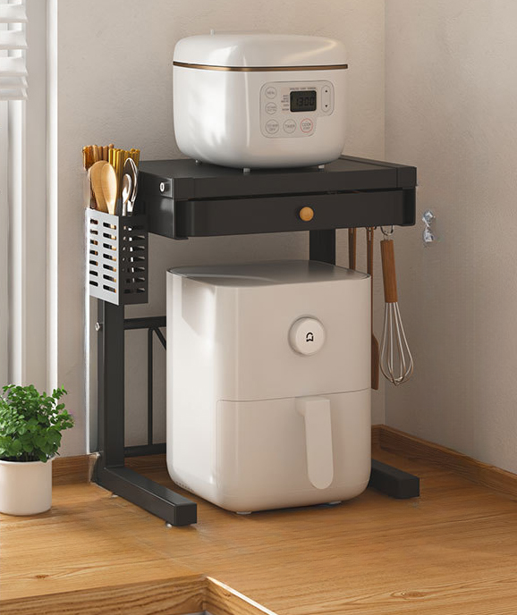 Półka do przechowywania ryżowaru, stojak na urządzenia kuchenne, dwupoziomowa, przesuwna, czarna (z uchwytem na pałeczki + 3 haczyki)