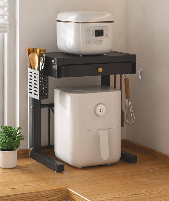 Półka do przechowywania ryżowaru, stojak na urządzenia kuchenne, dwupoziomowa, przesuwna, czarna (z uchwytem na pałeczki + 3 haczyki)