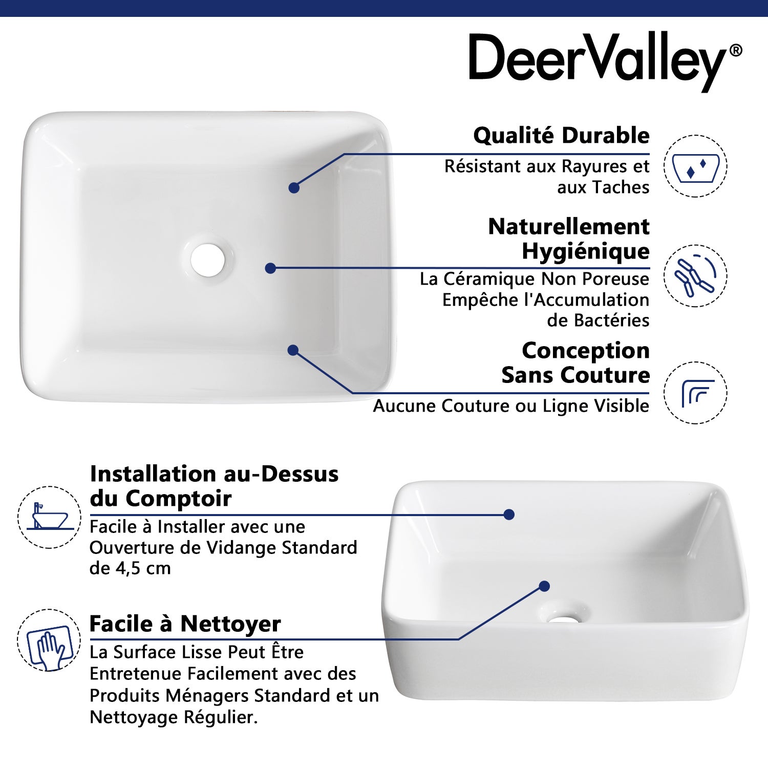 Vasque à poser rectangulaire en céramique blanche 50,5 x 34 x 11 cm – Pour salle de bain – DeerValley - 7