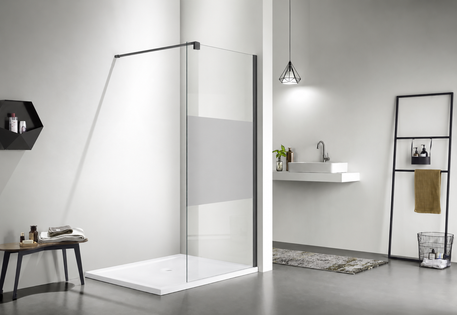 EQ+ Panel fijo Milão Gun Metal 160x200 cm, vidrio mate a media altura ...