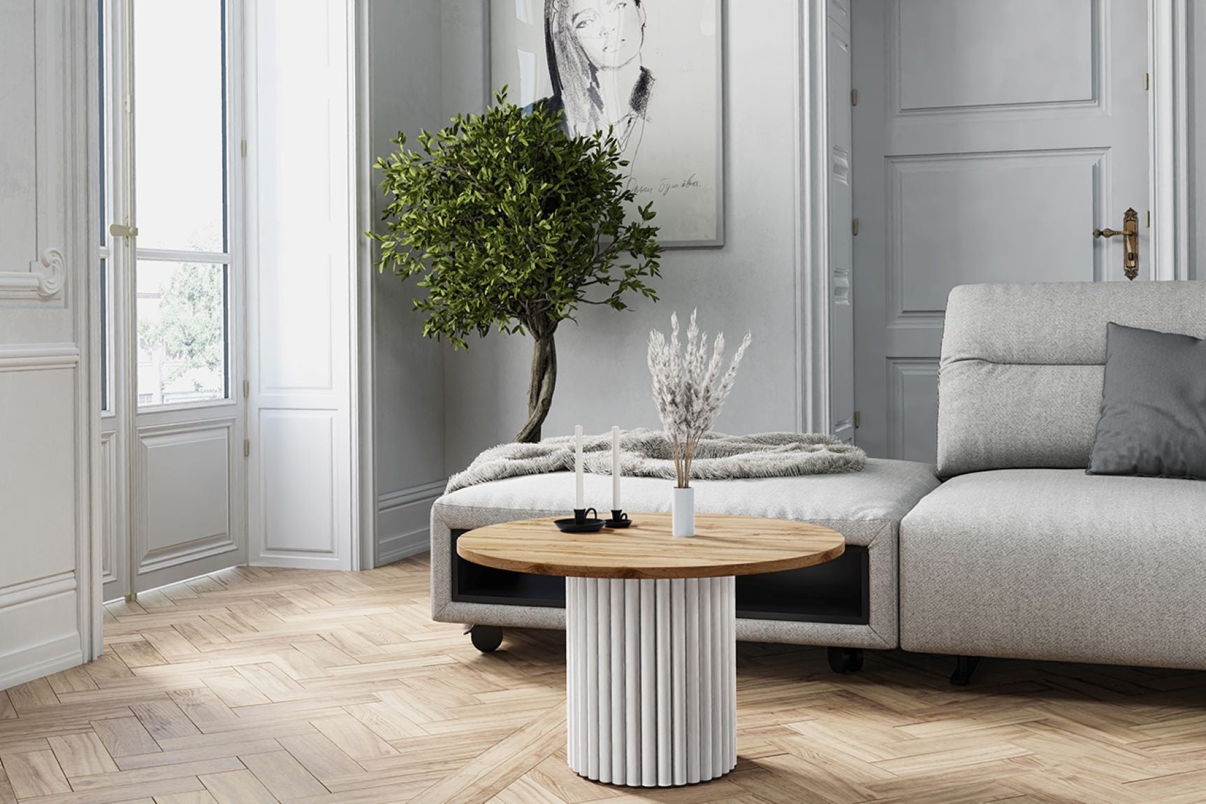 Stylowy Stolik VIRELO z Białym Stelażem i Blatem w Kolorze Dąb Wotan – Nowoczesny Design - 2
