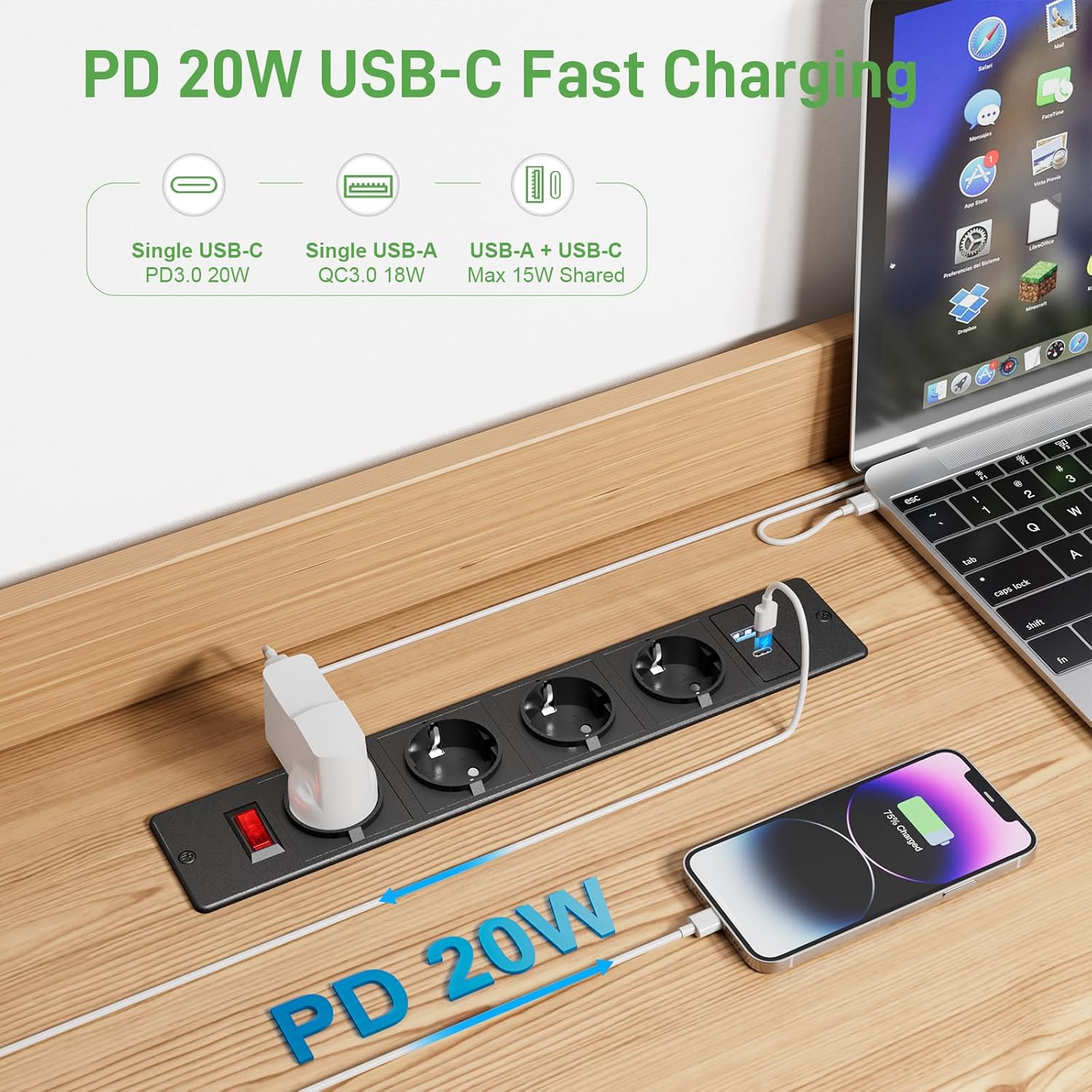Multiprise Encastrable 4 Prises, Prise Encastrable Plan de Travail avec USB C PD 20 W, Multiprise de Table avec Interrupteur - 2
