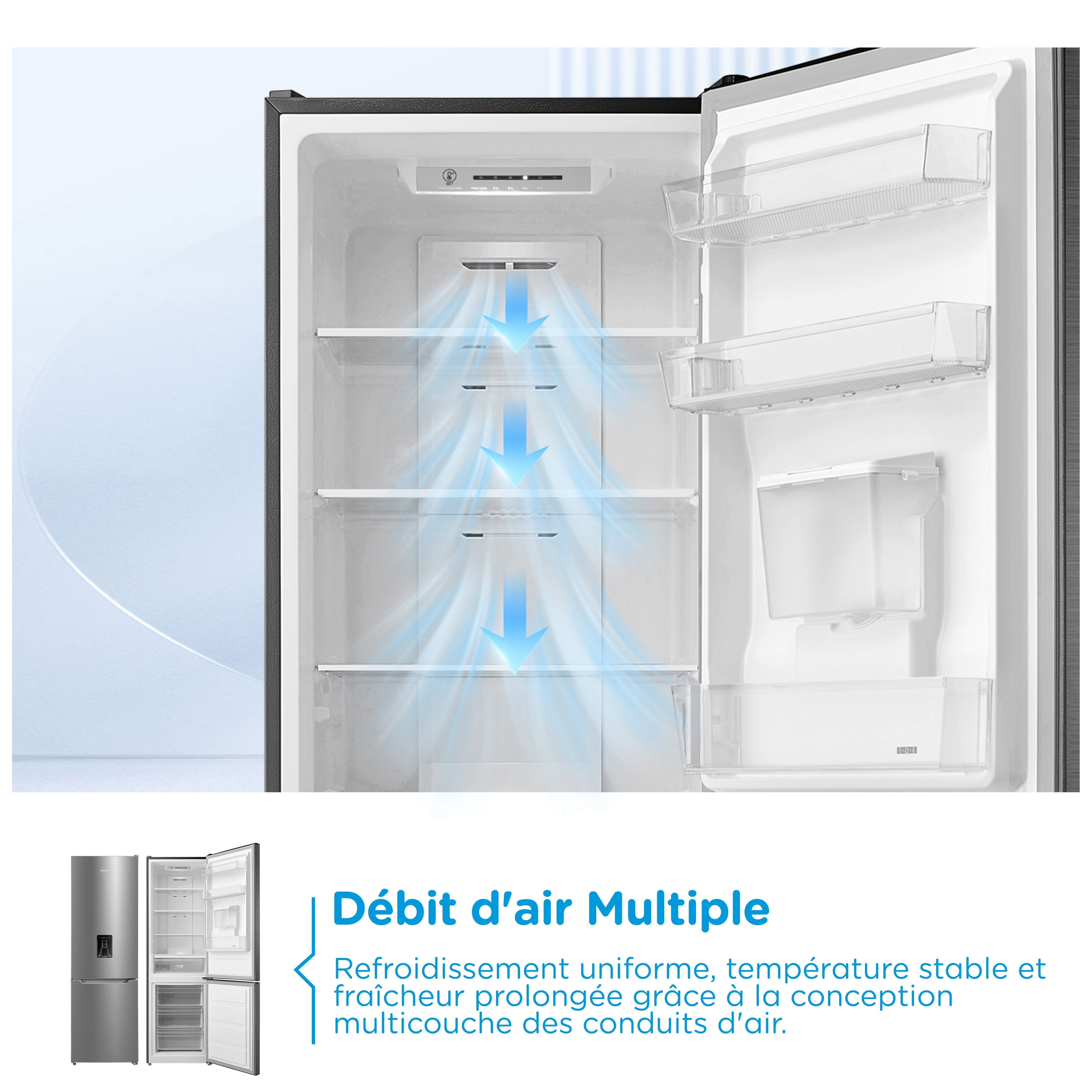 Réfrigérateur Combiné Congélateur Bas COMFEE - 308L - Classe D - Total No Frost (Sans givre)- L 63 cm x H 188 cm - Inox - 4