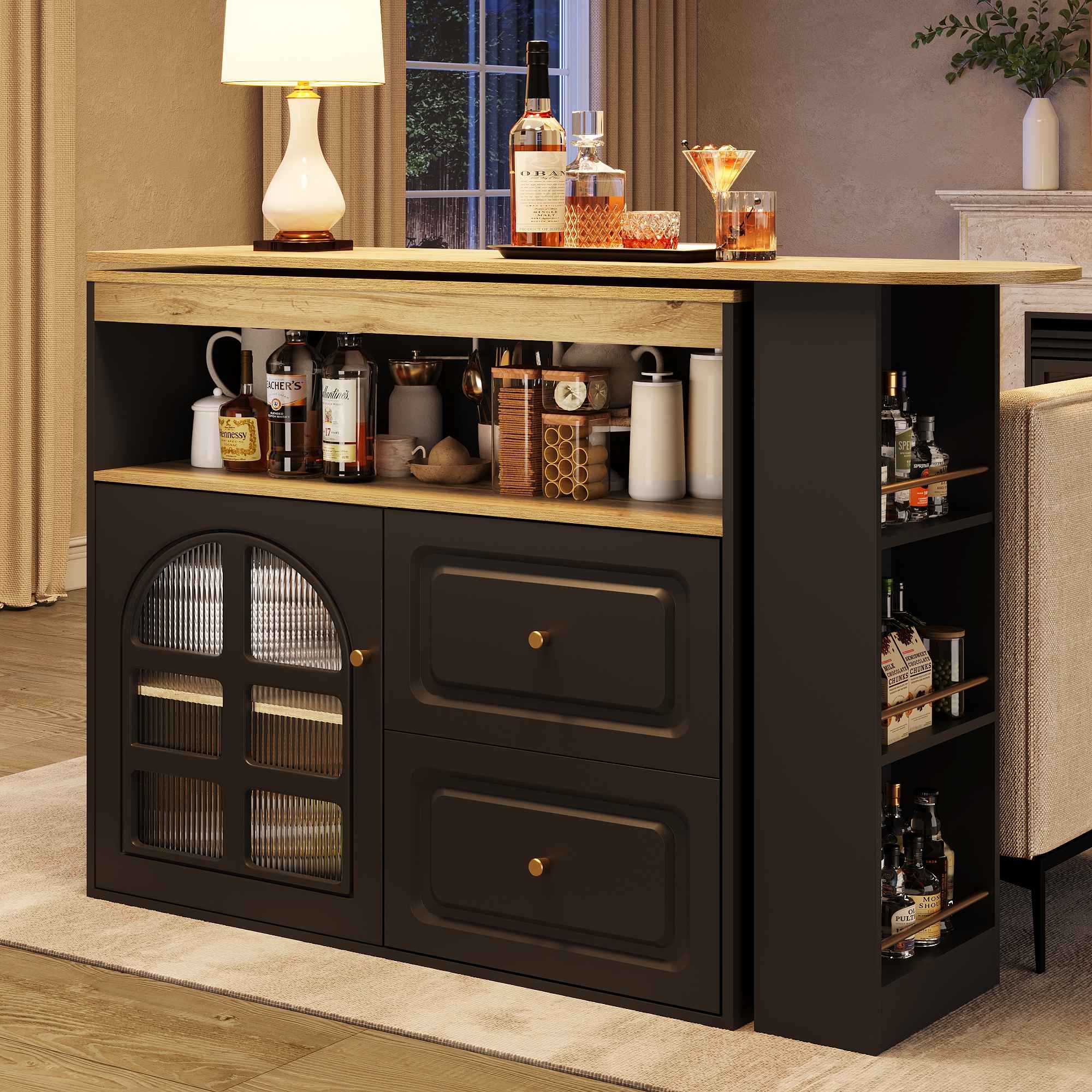 Sideboard Rotativo 360° Moderno com Prateleiras, 2 Gavetas, Prateleira para Snacks e Porta de Vidro Curvado, Design Elegante em MDF - 3
