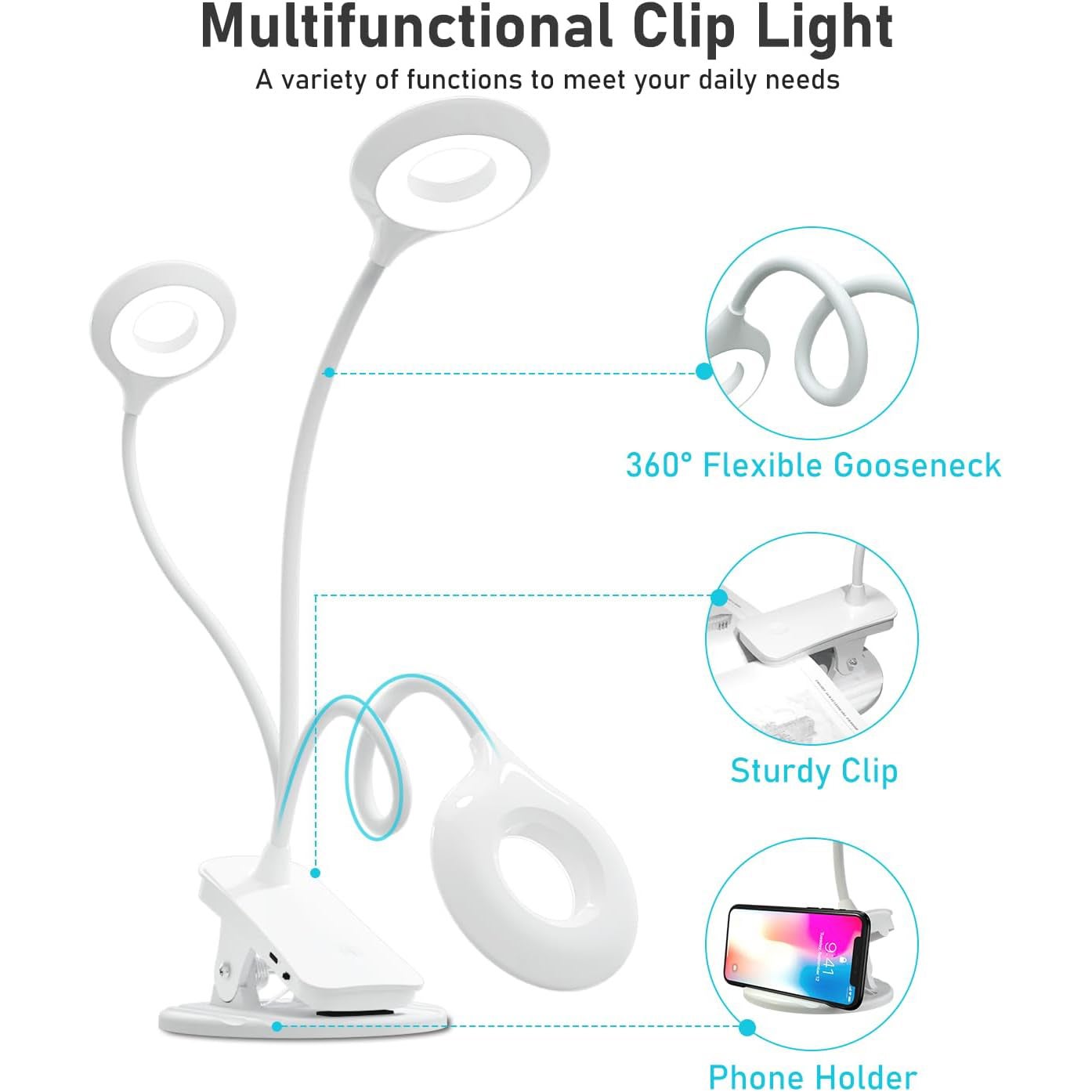 Lampe de bureau sans fil, lampe de table LED rechargeable, lampe de lecture à intensité variable, lampe à pince, veilleuse, 3 températures de couleur - 4