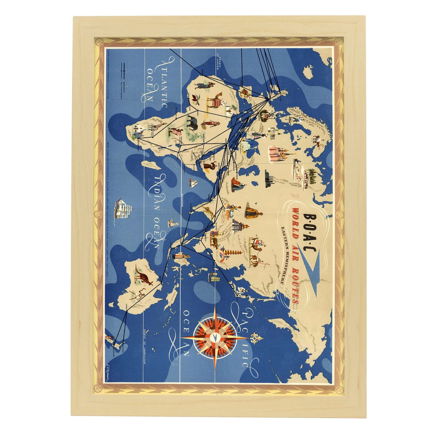 Nacnic póster de publicidad de viajes antigua ruta mundial boac ilustraciones de anuncios vintage para la agencias de viaje a3 con marco color madera