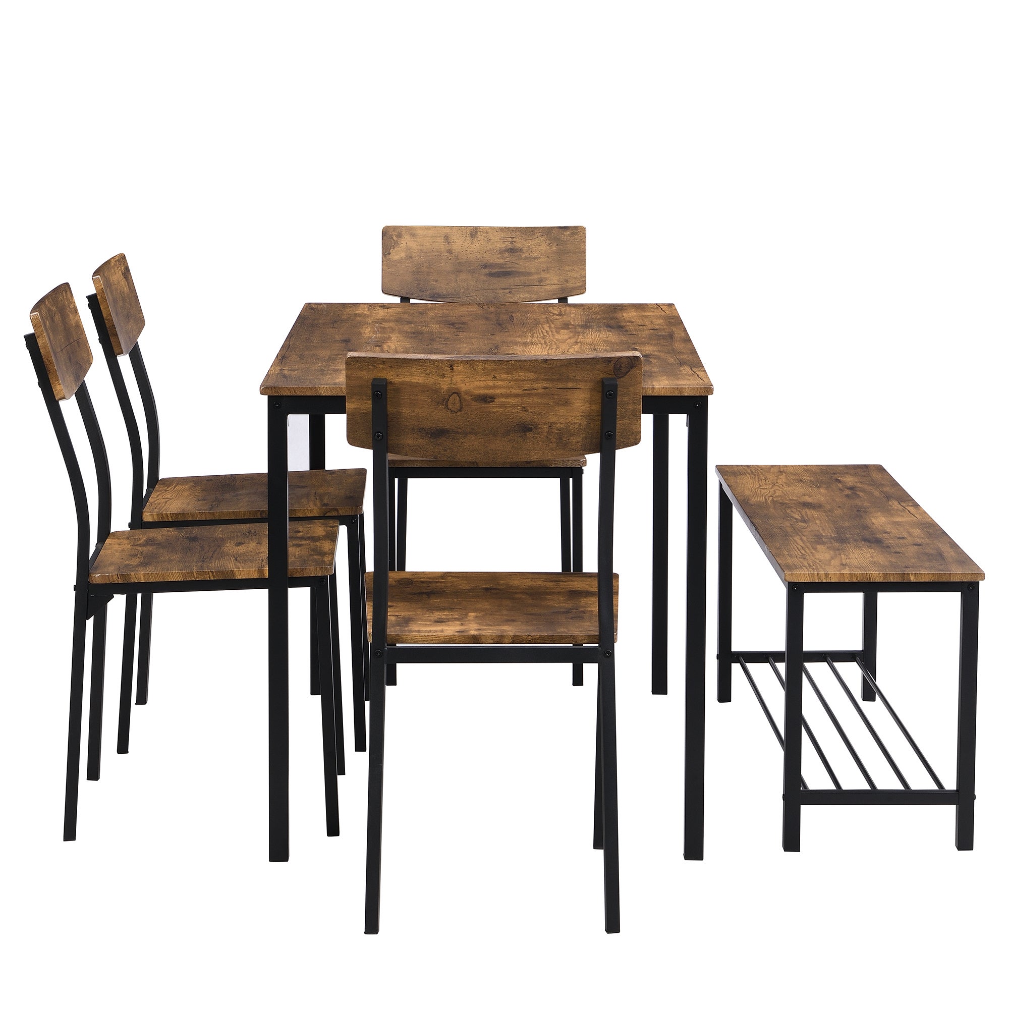 Ensemble Table et 4 Chaises 1 Banc - 6 places - cadre en acier - style industriel - Marron - 7