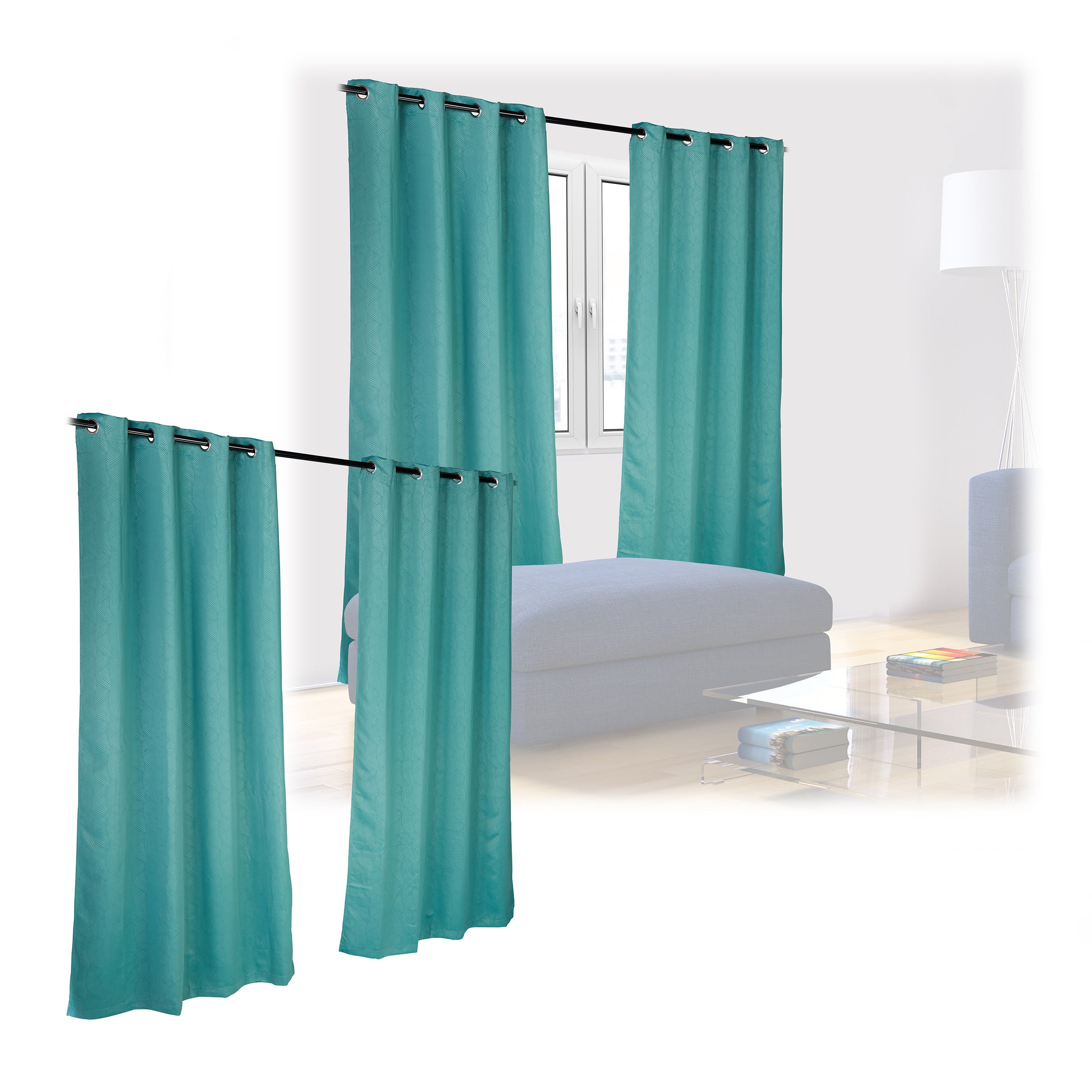 Set de 4 cortinas opacas y oscuras, sobrecortinas para control de luz estampadas, oscurecedoras, 245x135cm, turquesa