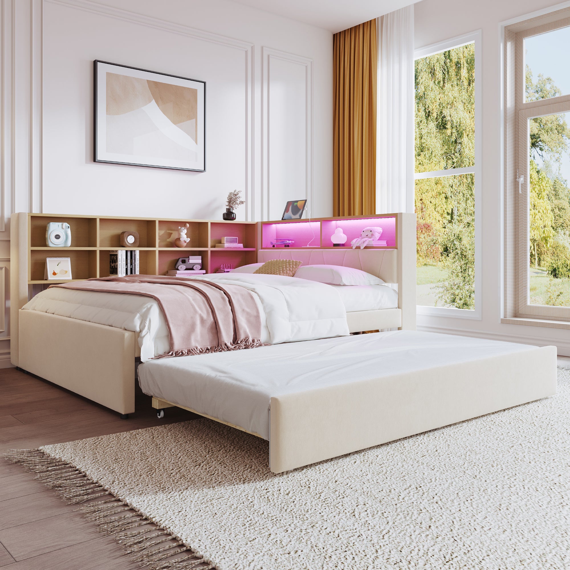 Divano letto 140x200cm 90x190cm Multifunzione LED prese ampio spazio flanella beige (Senza materasso) - 9