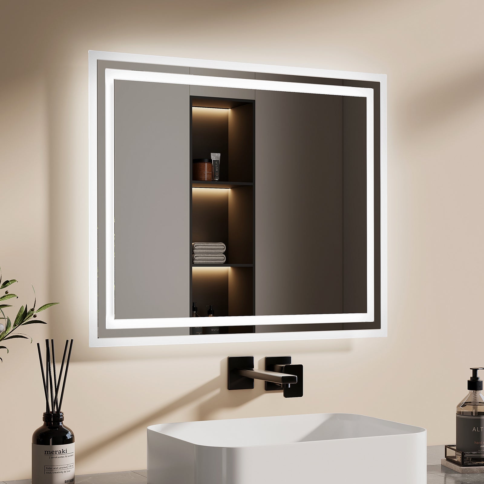EMKE Miroir lumineux salle de bain 60x50cm, Miroir LED avec Interrupteur à bouton, Anti-buée, Miroir avec éclairage lumière Blanche Froide/Chaude - 9