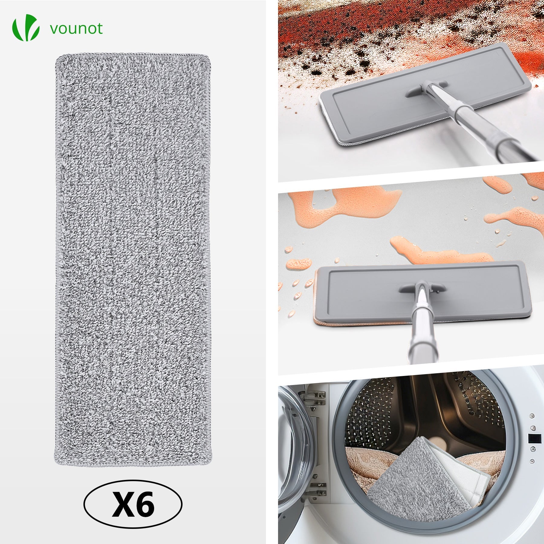 Balai plat microfibre avec seau essoreur auto-lavage double compartiment - 6 serpillères réutilisables - gris - VOUNOT® - 5