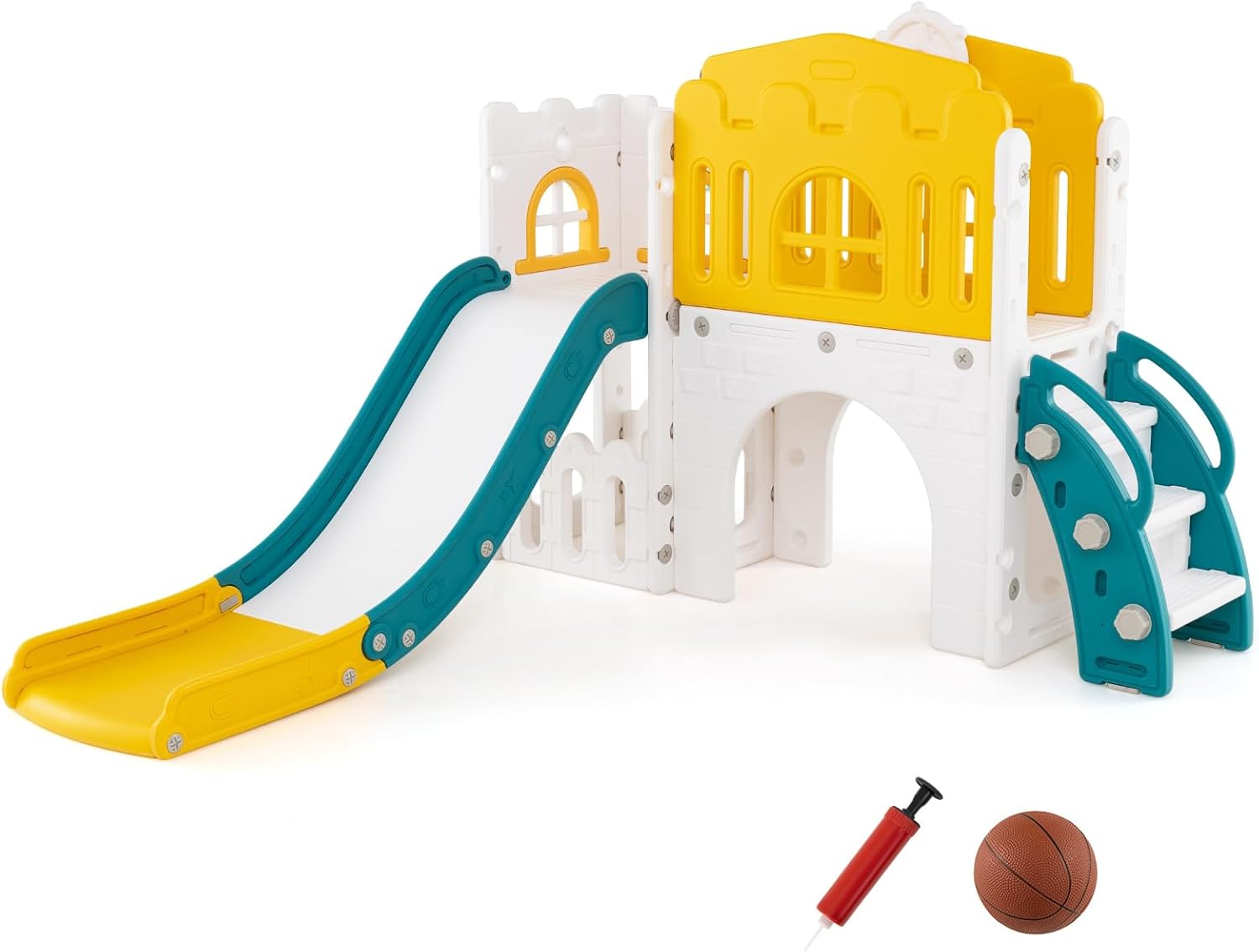 Clamaro « Dauphin » – Toboggan + Bascule 2 En 1 Avec Panier Basket – Corail – Enfant 3+ Ans