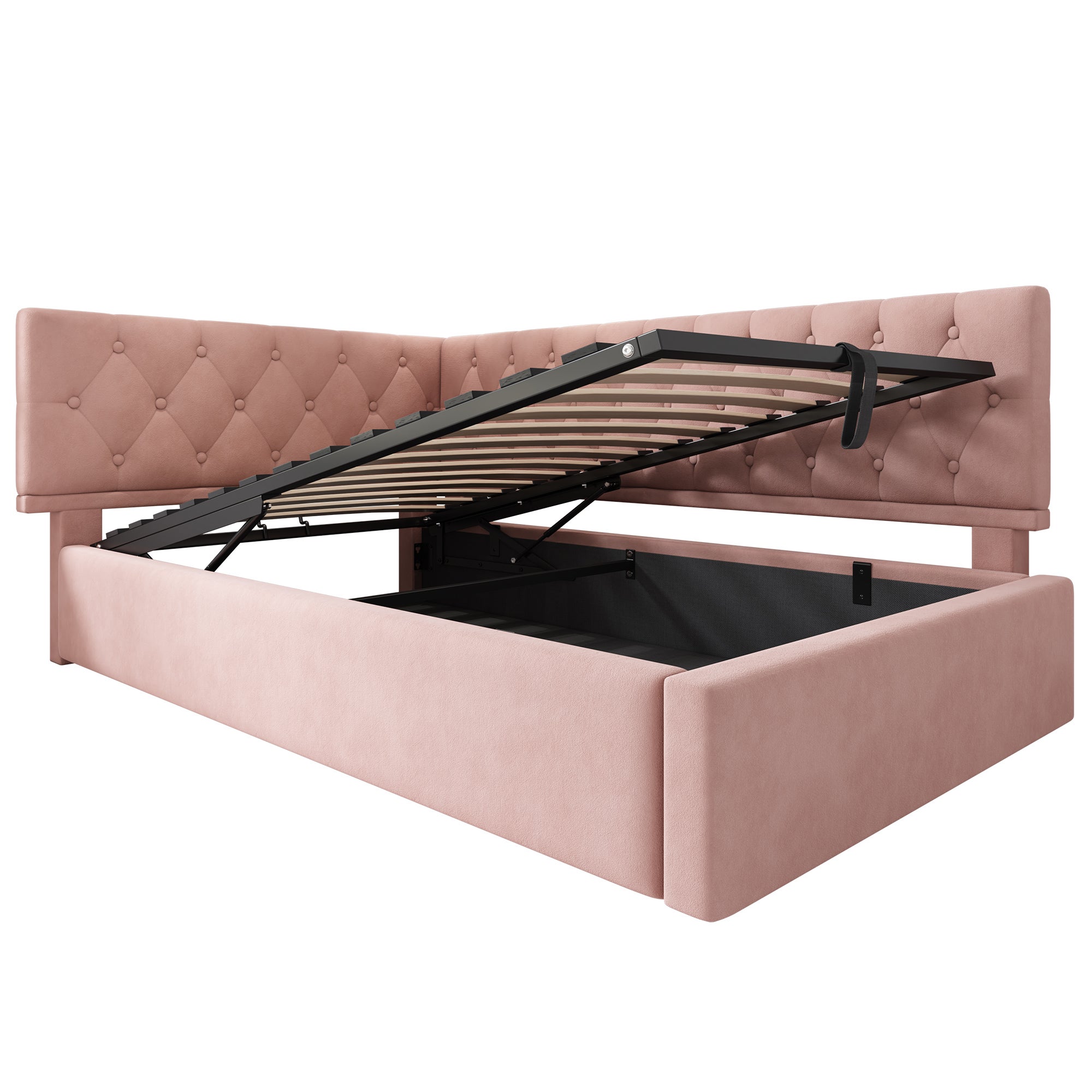 Rozkładana sofa 90 x 190 cm, z hydraulicznym schowkiem, aksamitna, różowa. - 6