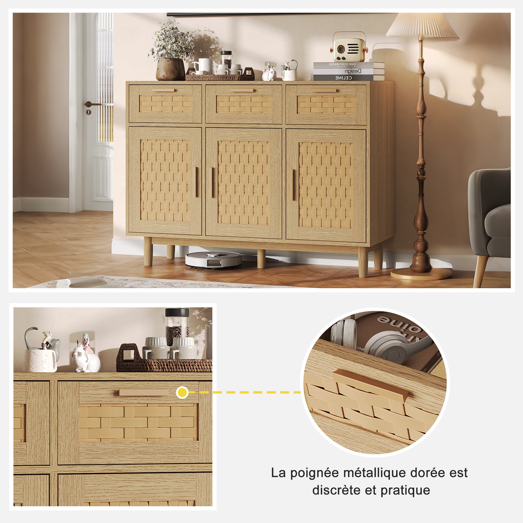 buffet, Meuble de rangement en rotin, meuble de cuisine à 3 tiroirs et 3 portes, commode, 108 x 40 x 80 cm, couleur chêne - 6