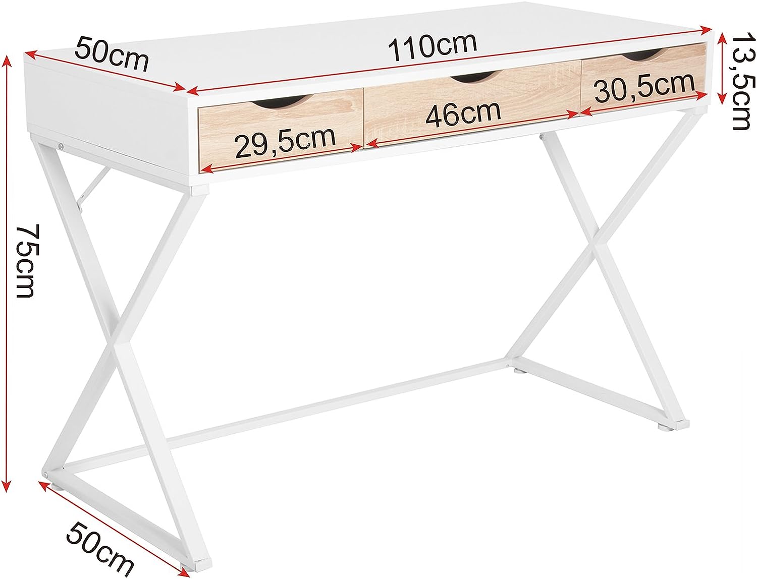 Table de bureau en bois et acier,Bureau d’ordinateur avec 3 tiroirs,Table de travail,110x50x75cm,Blanc,WOLTU - 4
