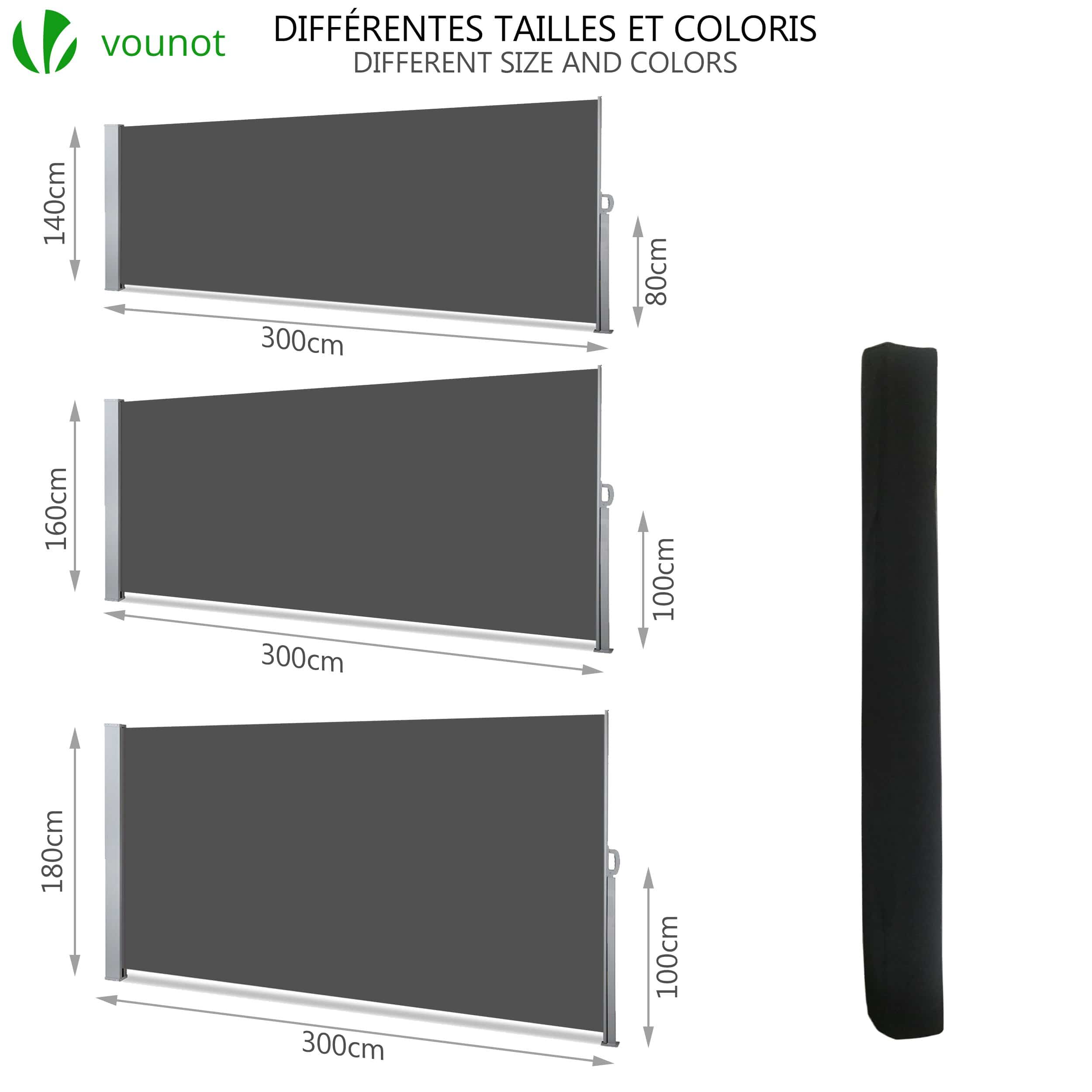 VOUNOT® Paravent extérieur rétractable 160x300cm avec housse de protection - gris - store latéral vertical brise-vue - 7