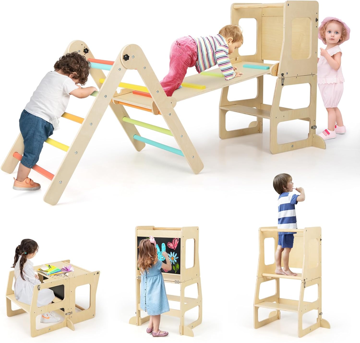 7 en 1 Triangle d'escalade Montessori avec Rampe Réversible, en Bois avec Tableau Noir, Table et Chaise, Charge 60kg (Multicolore) - Gamm vert 7 en 1 Triangle d'escalade Montessori avec Rampe Réversible, en Bois avec Tableau Noir, Table et Chaise, Charge 60kg (Multicolore) - Gamm vert