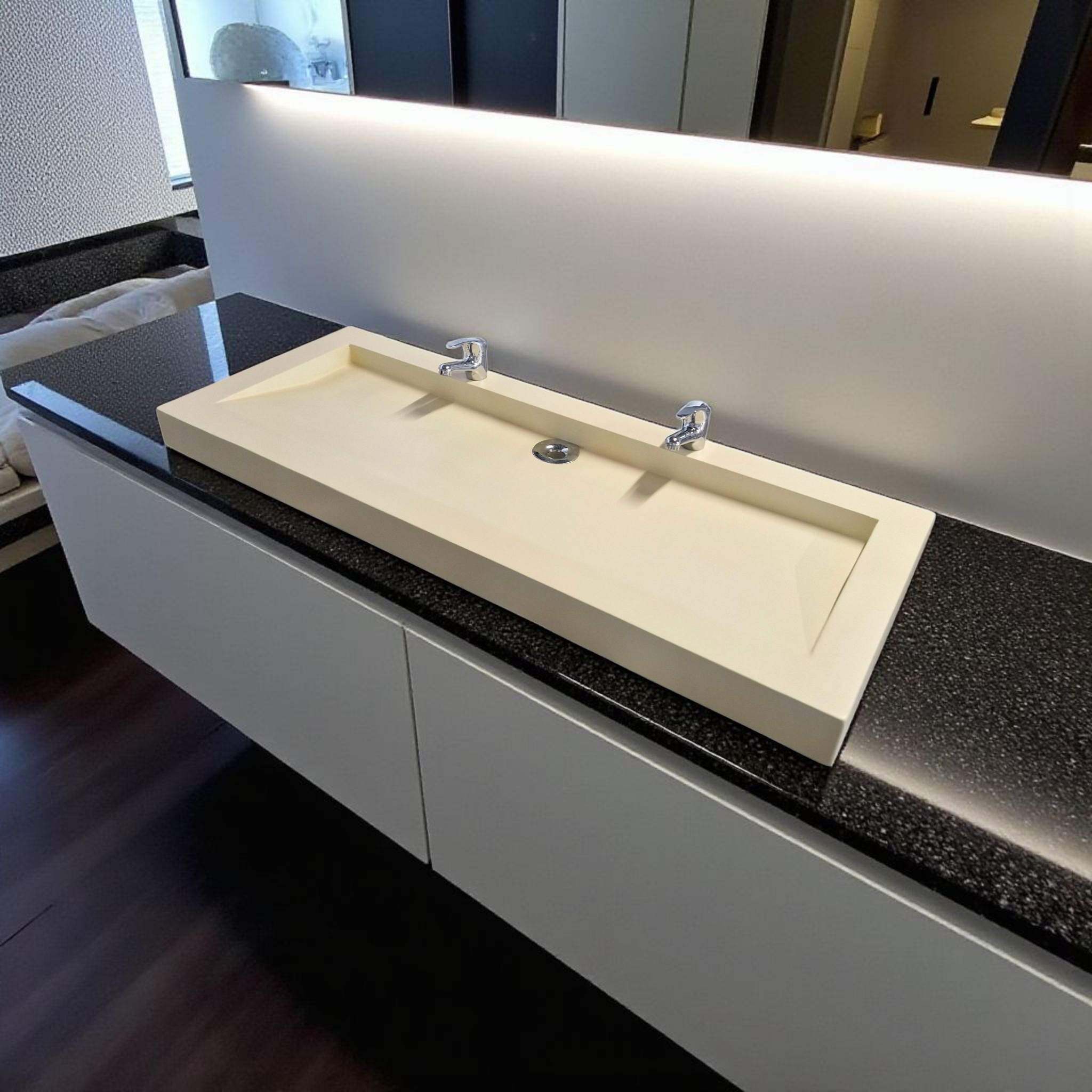 Plan double vasque beige 100x47x8 édition céleste en béton fibré cimenté , fabriqué artisanalement en France par Gakeal - 2